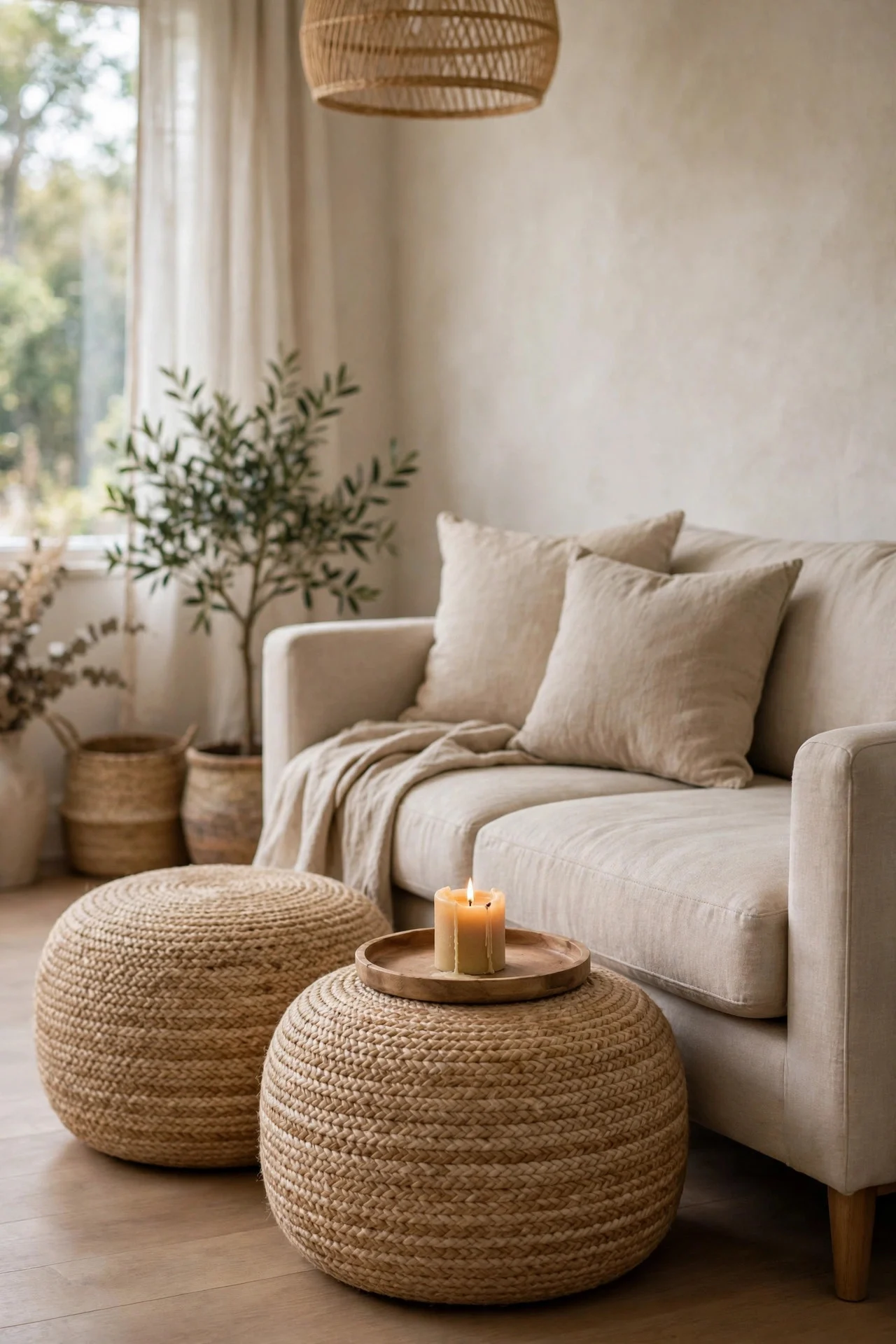 Woven poufs providing extra Thanksgiving seating