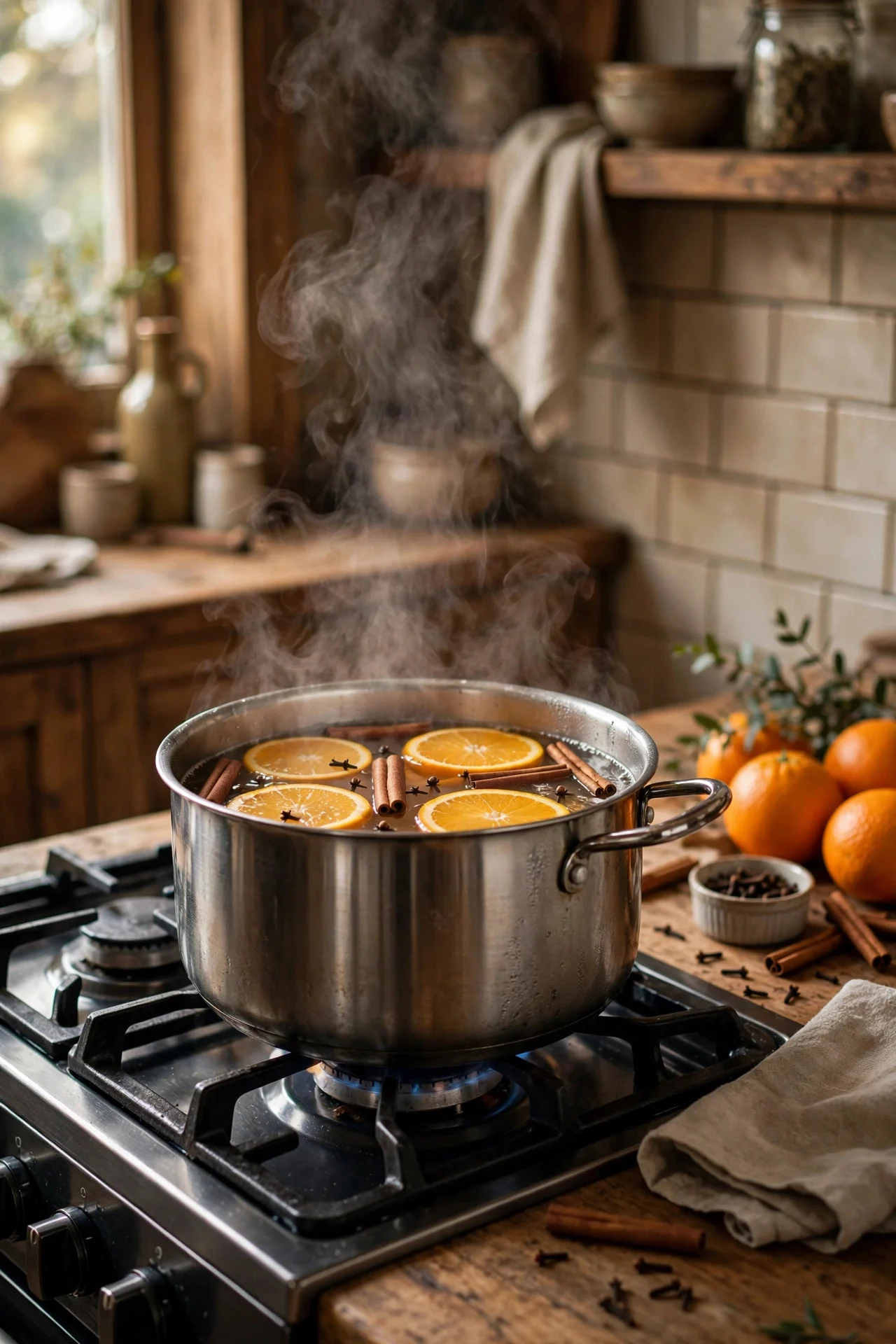 Stovetop simmer pot with oranges, cinnamon, and cloves