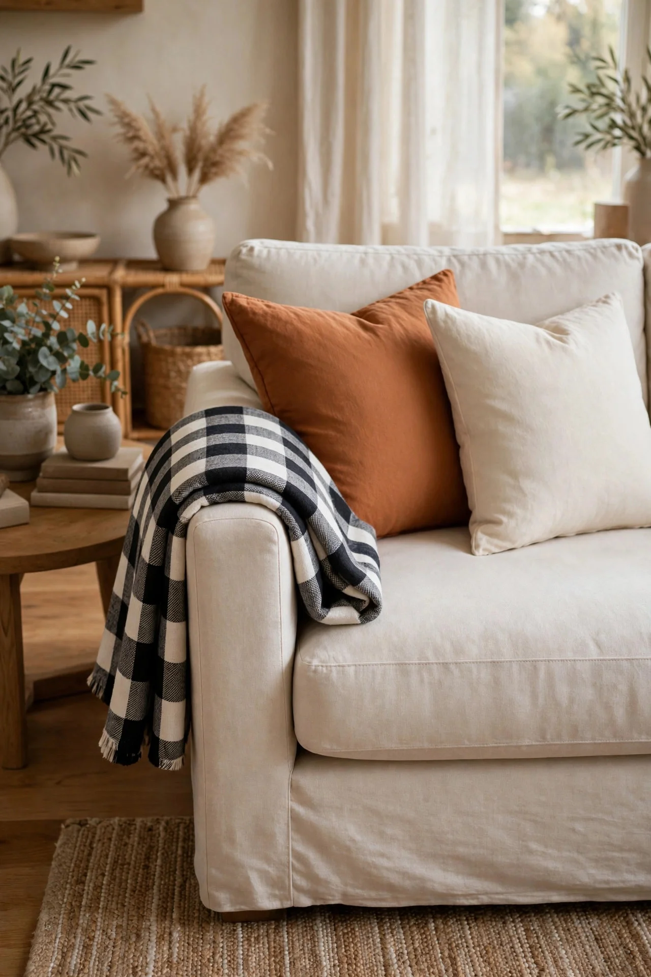 Single plaid throw accent on a fall-styled sofa