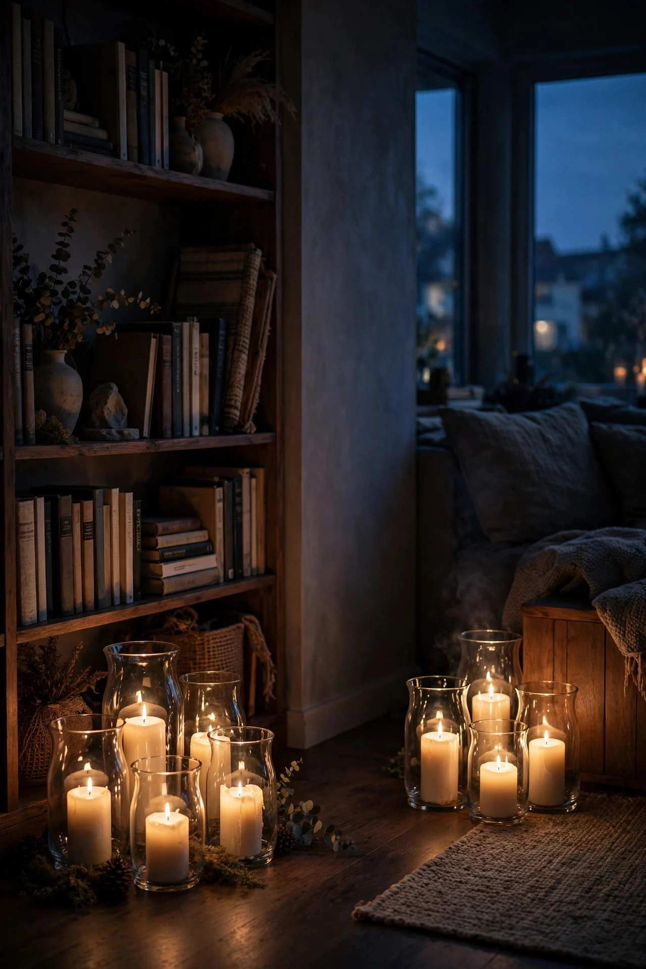 Candle clusters glowing in dark corners of a living room