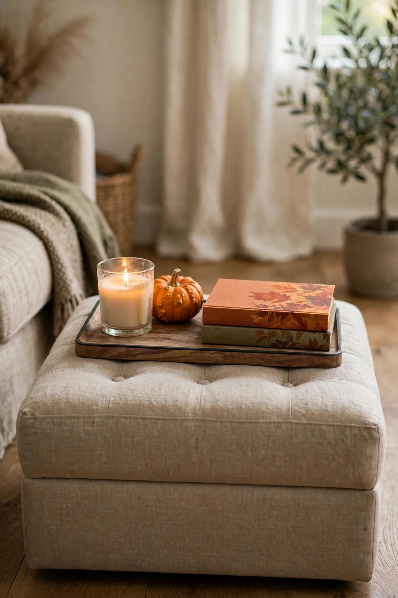 Ottoman styled with a tray, candle, and books