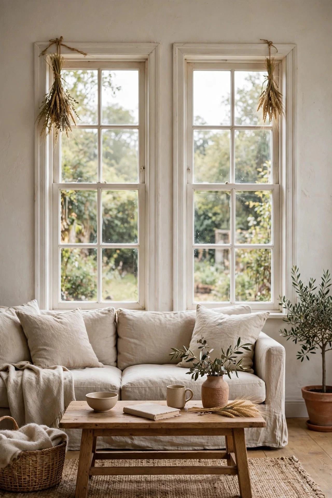 Dried grass bundles hung as swags on living room windows