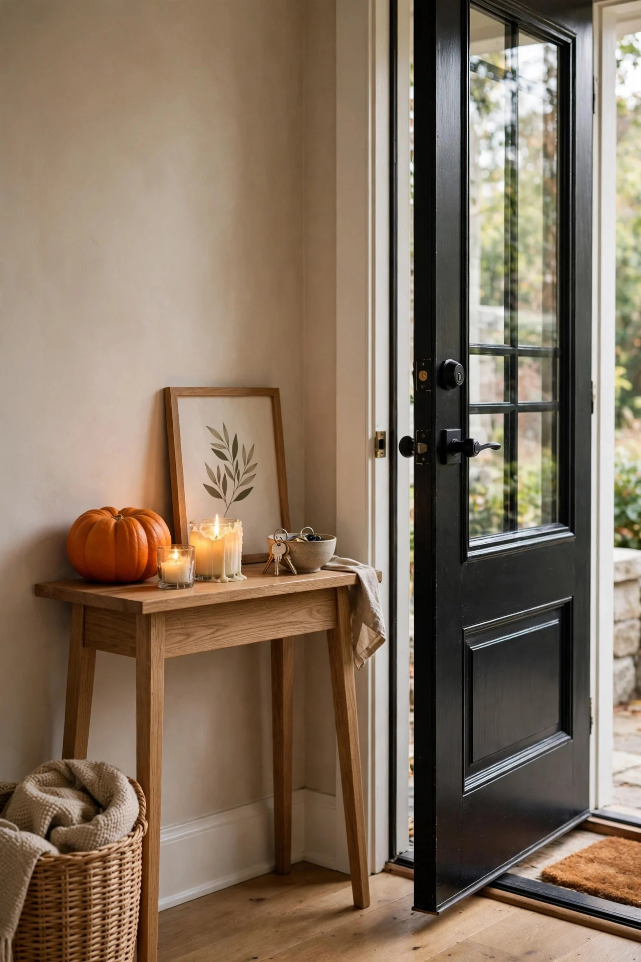 Welcome vignette with pumpkin and candle by the front door