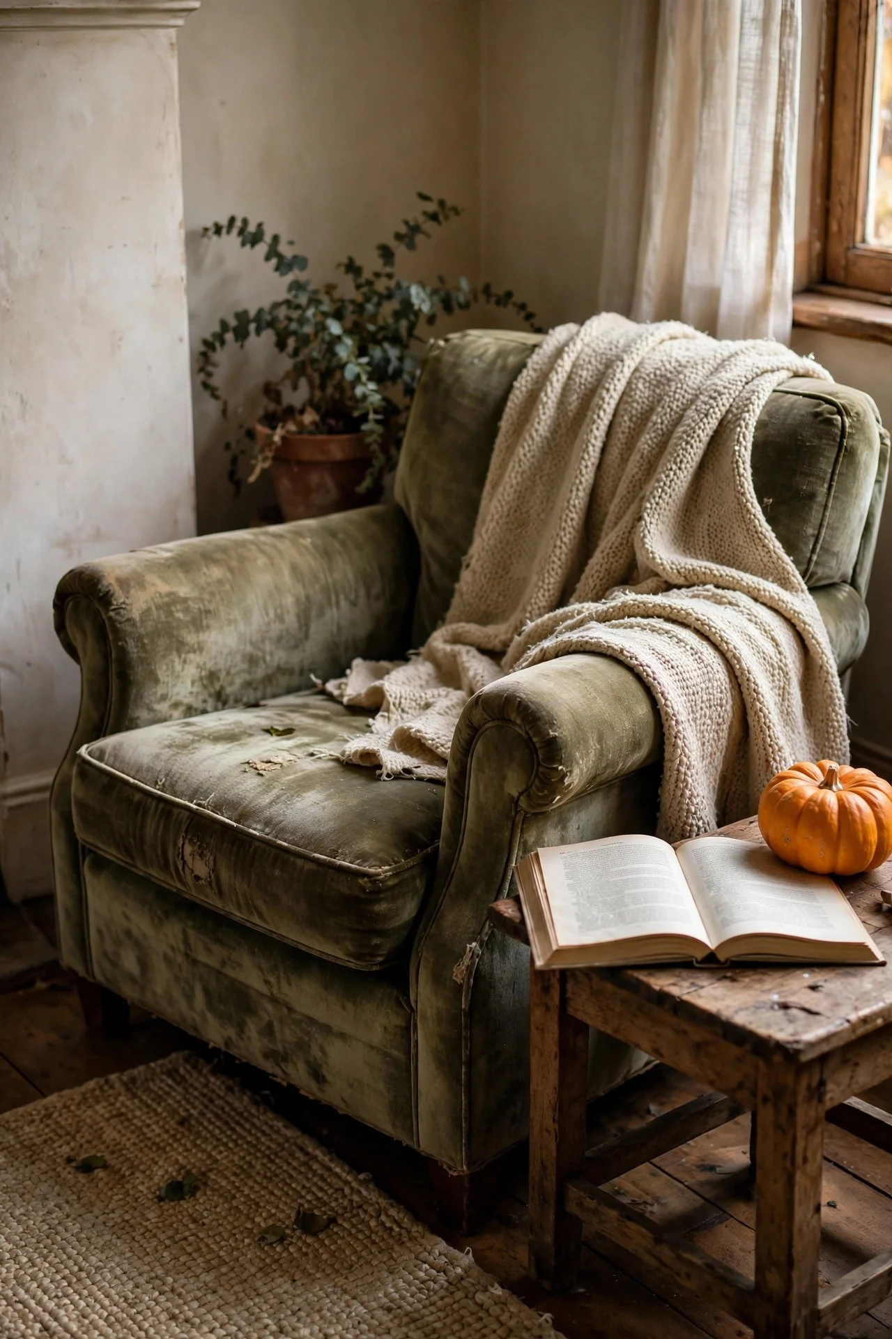 Lived-in armchair corner with throw and book, deliberately unstyled