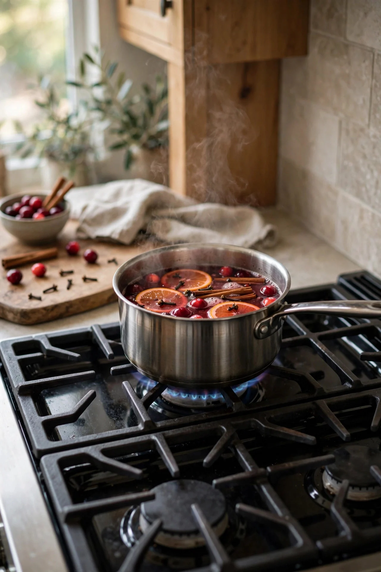 Simmer pot with oranges, cranberries, and cinnamon on the stove