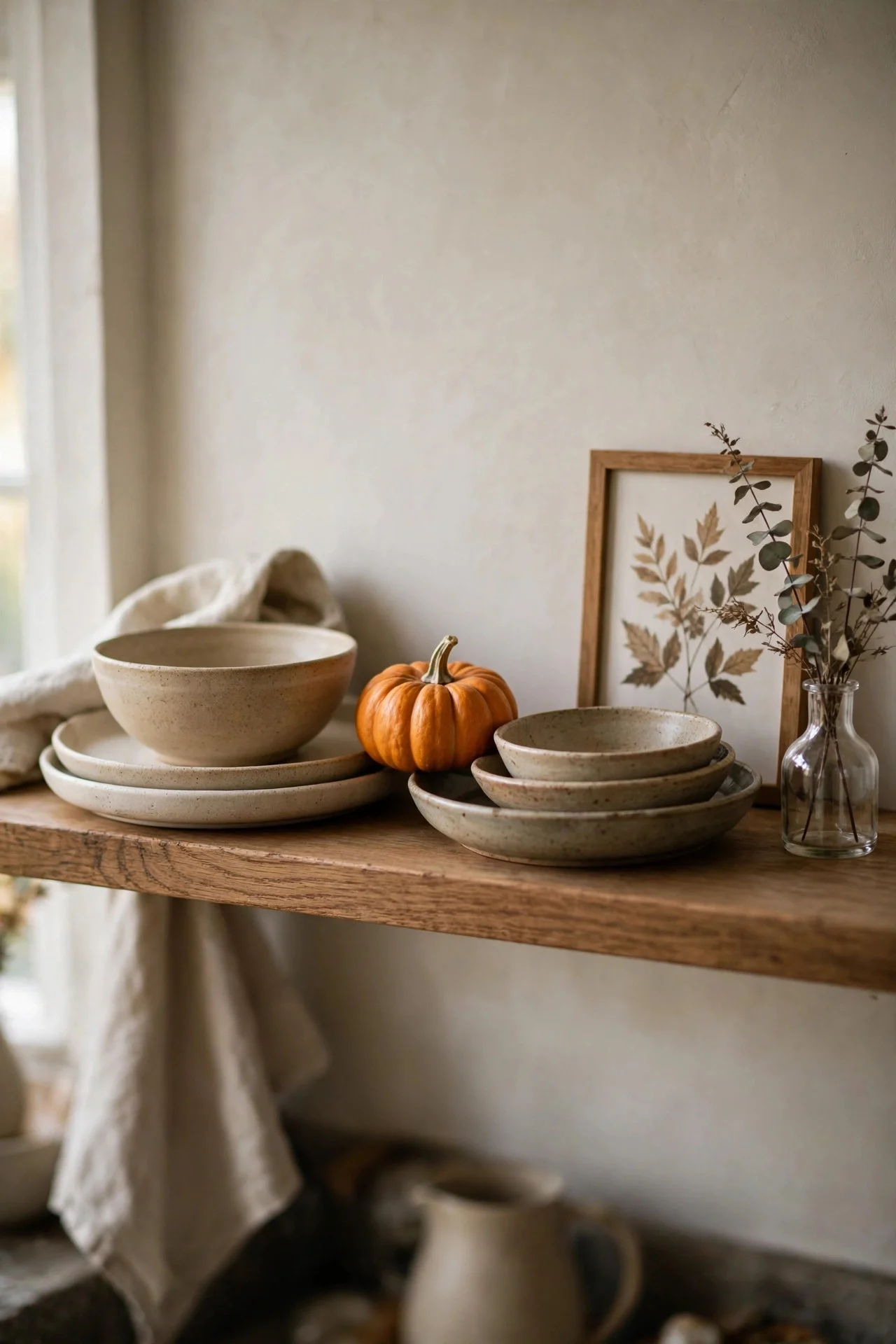 Single open kitchen shelf styled with pumpkin and fall print