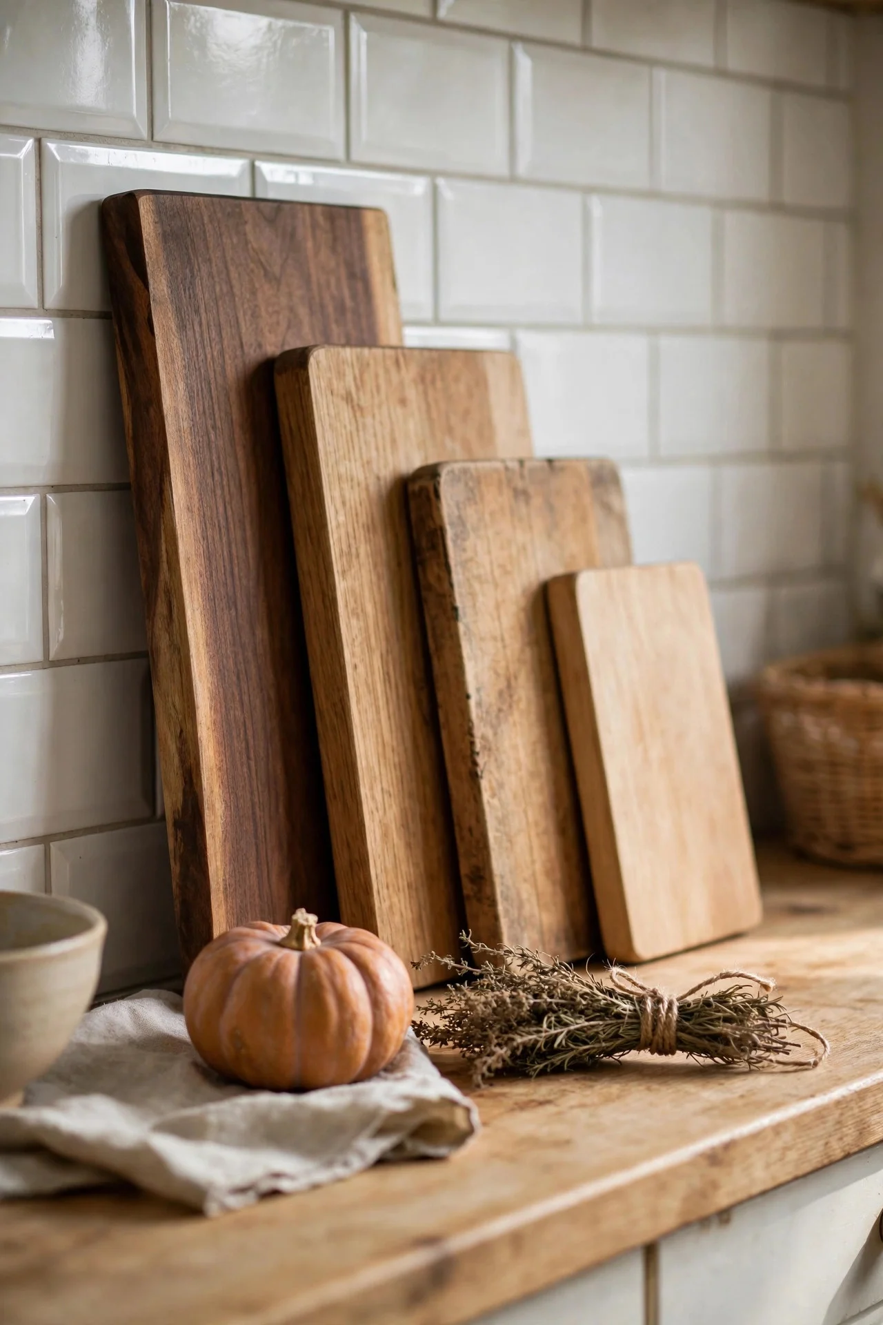 Wooden cutting boards leaned against a kitchen backsplash
