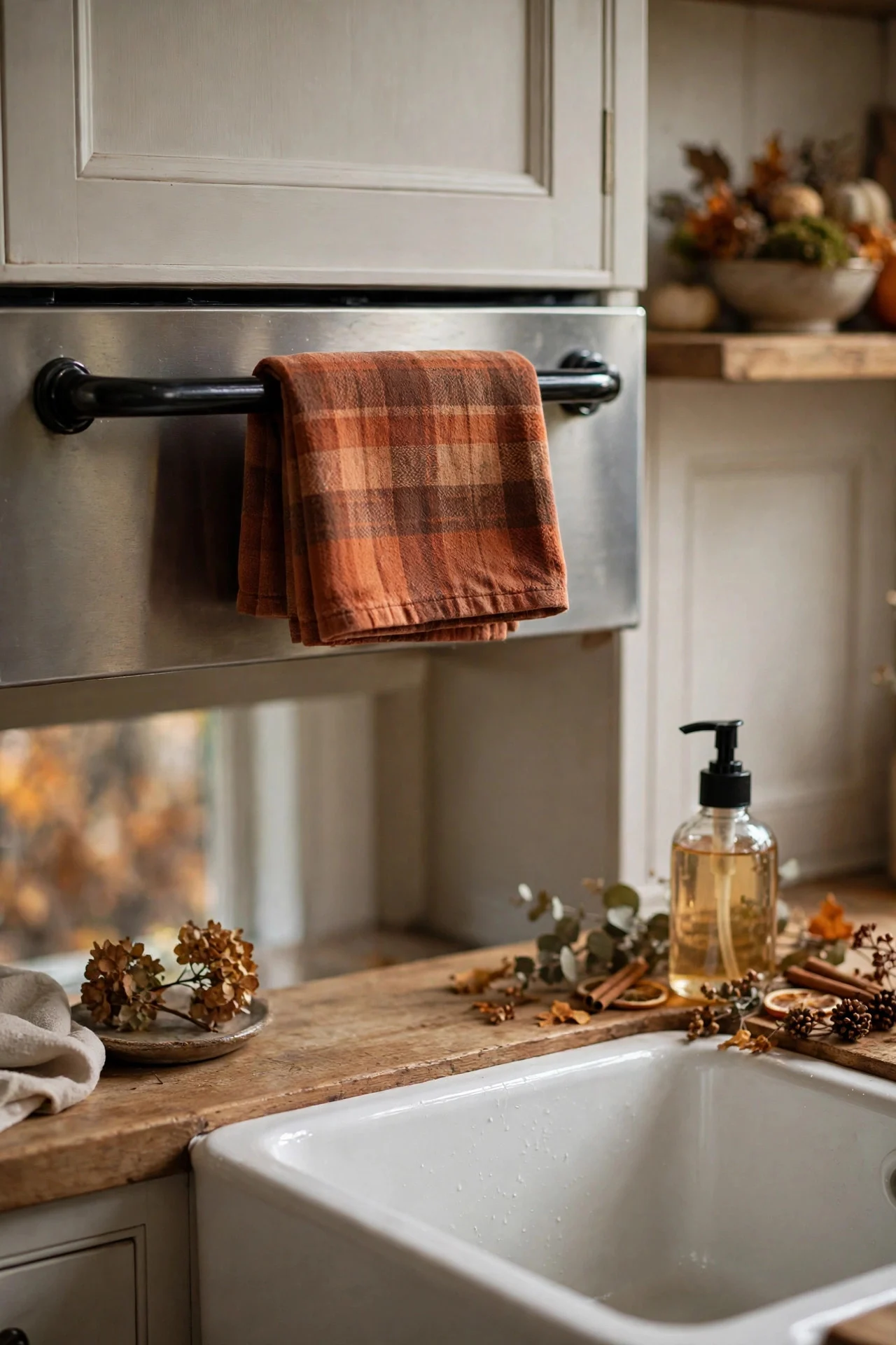 Fall plaid hand towel on oven handle with seasonal soap