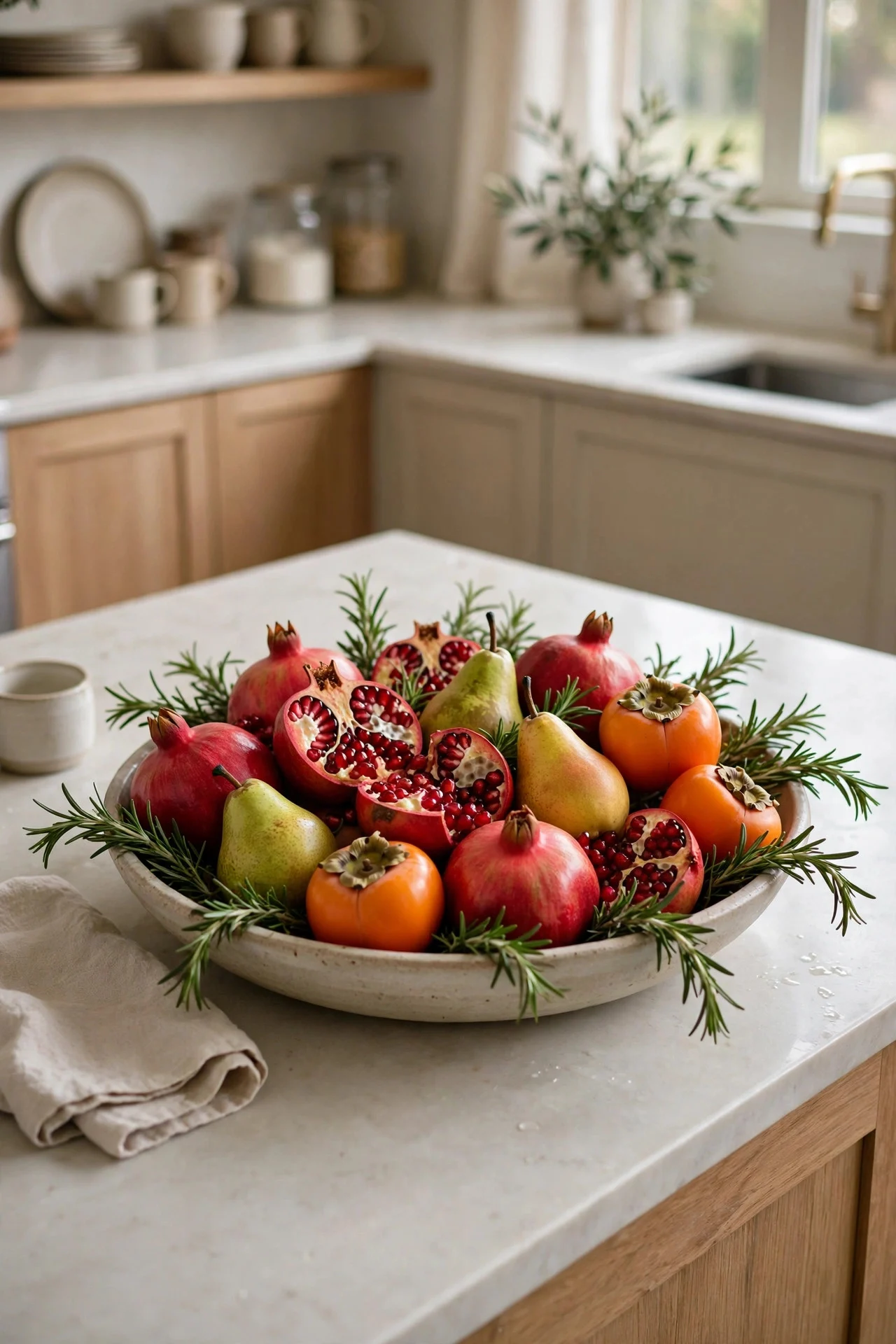 Produce bowl of pomegranates, persimmons, and pears on kitchen island