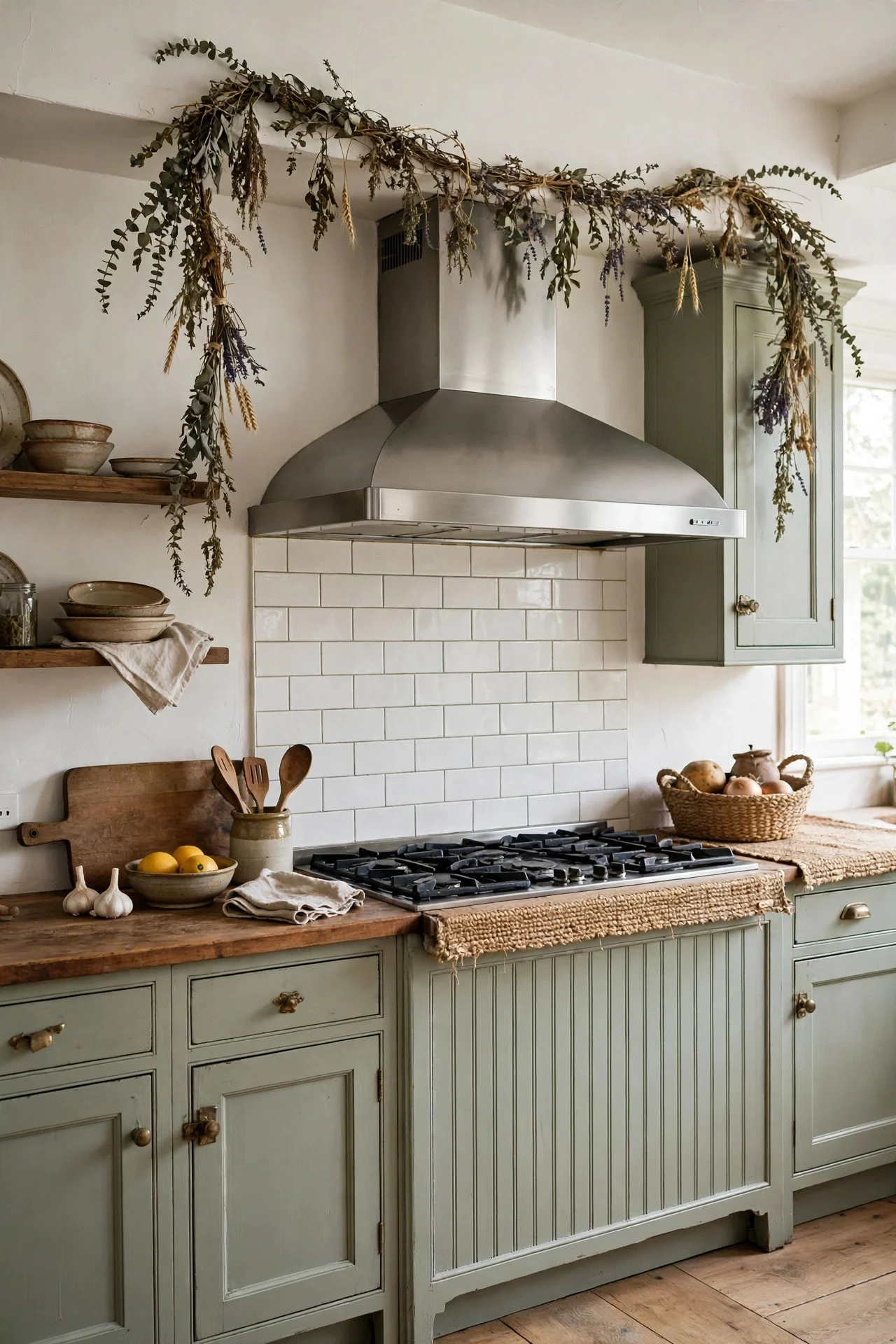 Dried herb garland draped over a range hood