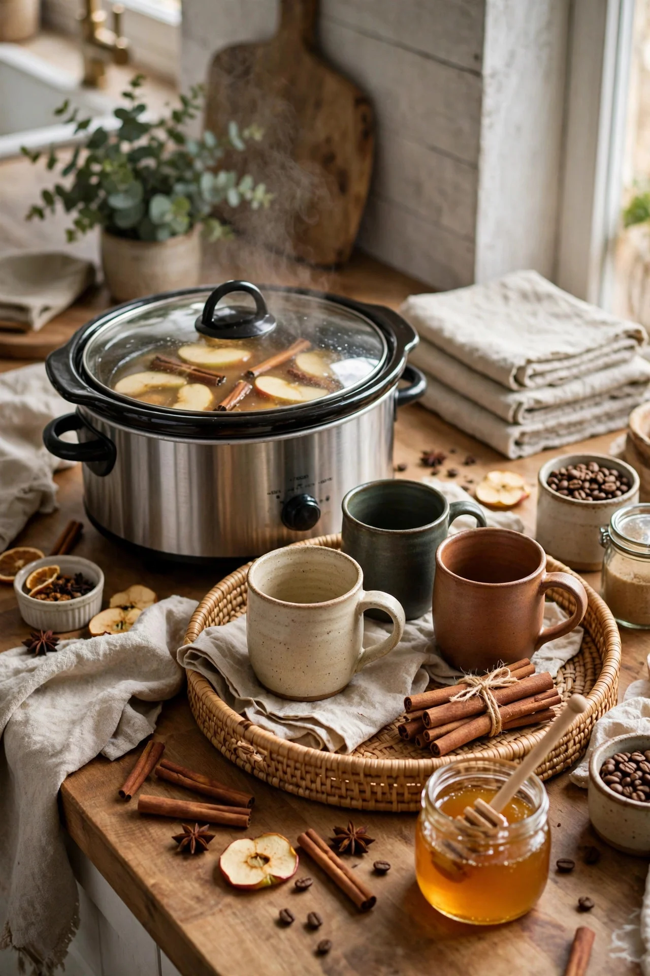 Self-serve coffee and hot cider station on kitchen counter