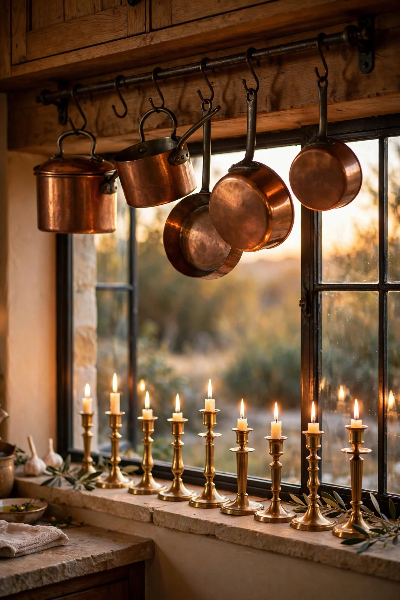Copper pots and brass candlesticks displayed in a kitchen
