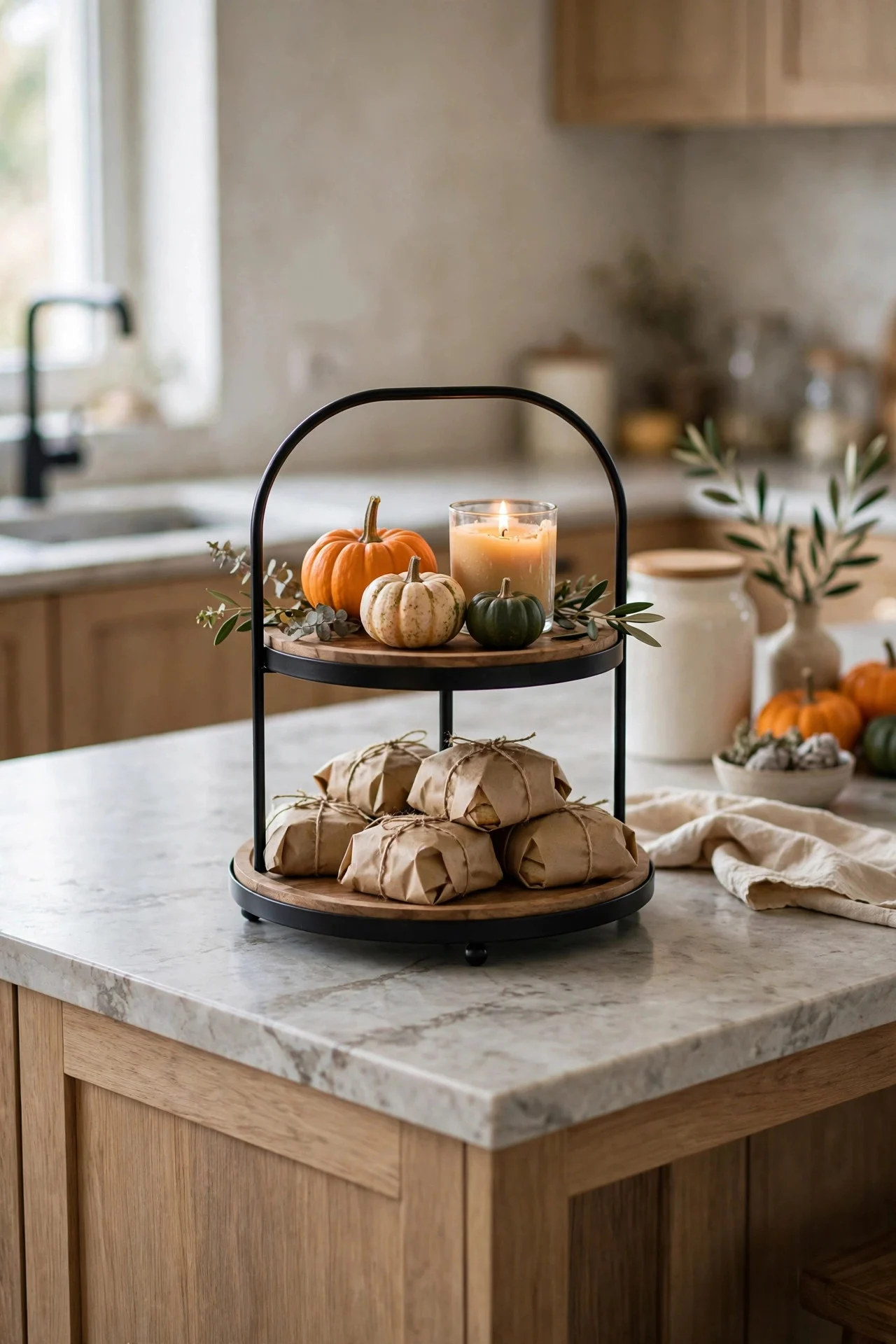 Tiered tray styled for fall on a kitchen island