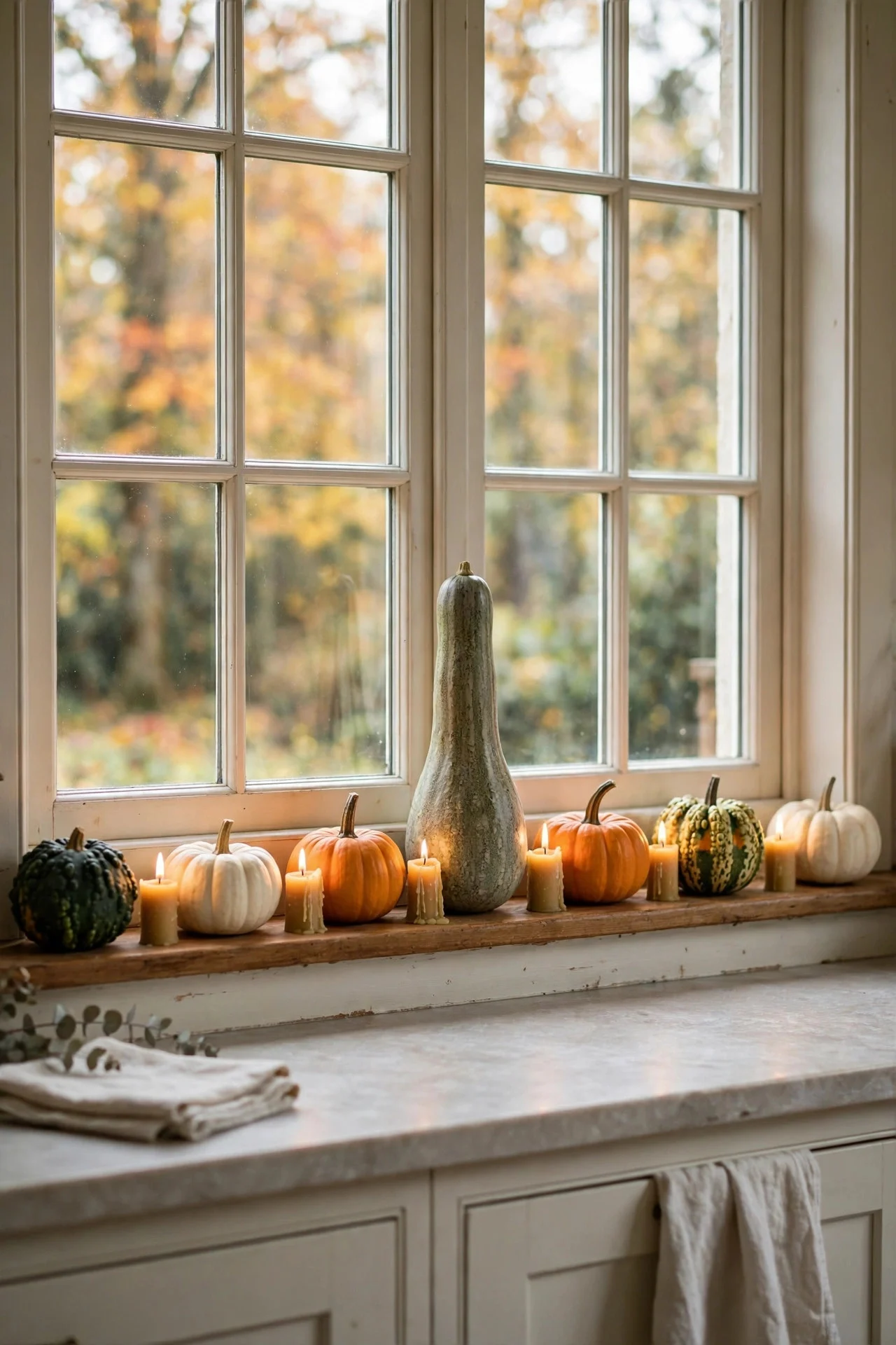 Pumpkins and gourds lined on a kitchen windowsill
