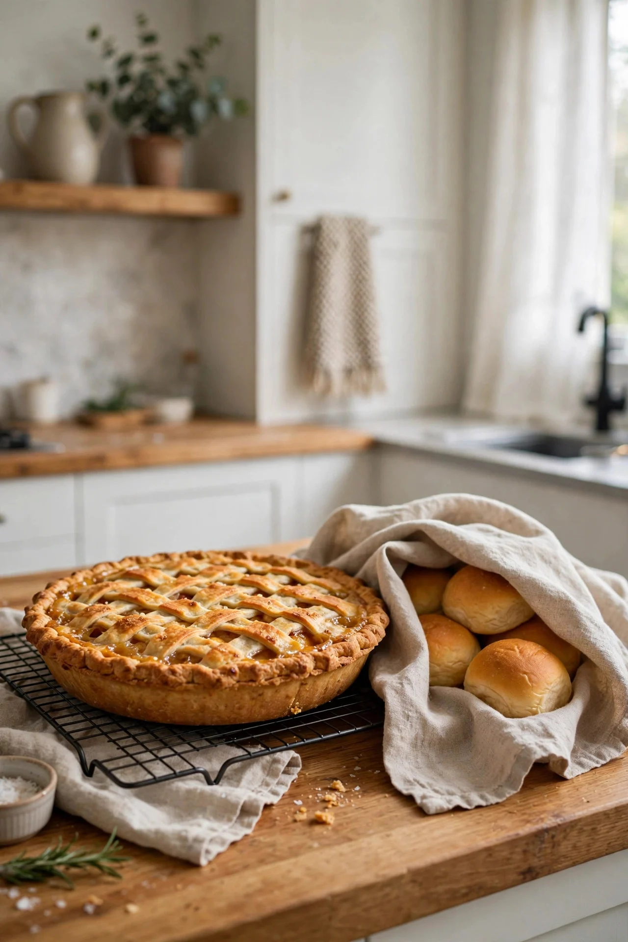 Fresh-baked pie cooling on a rack as kitchen decor