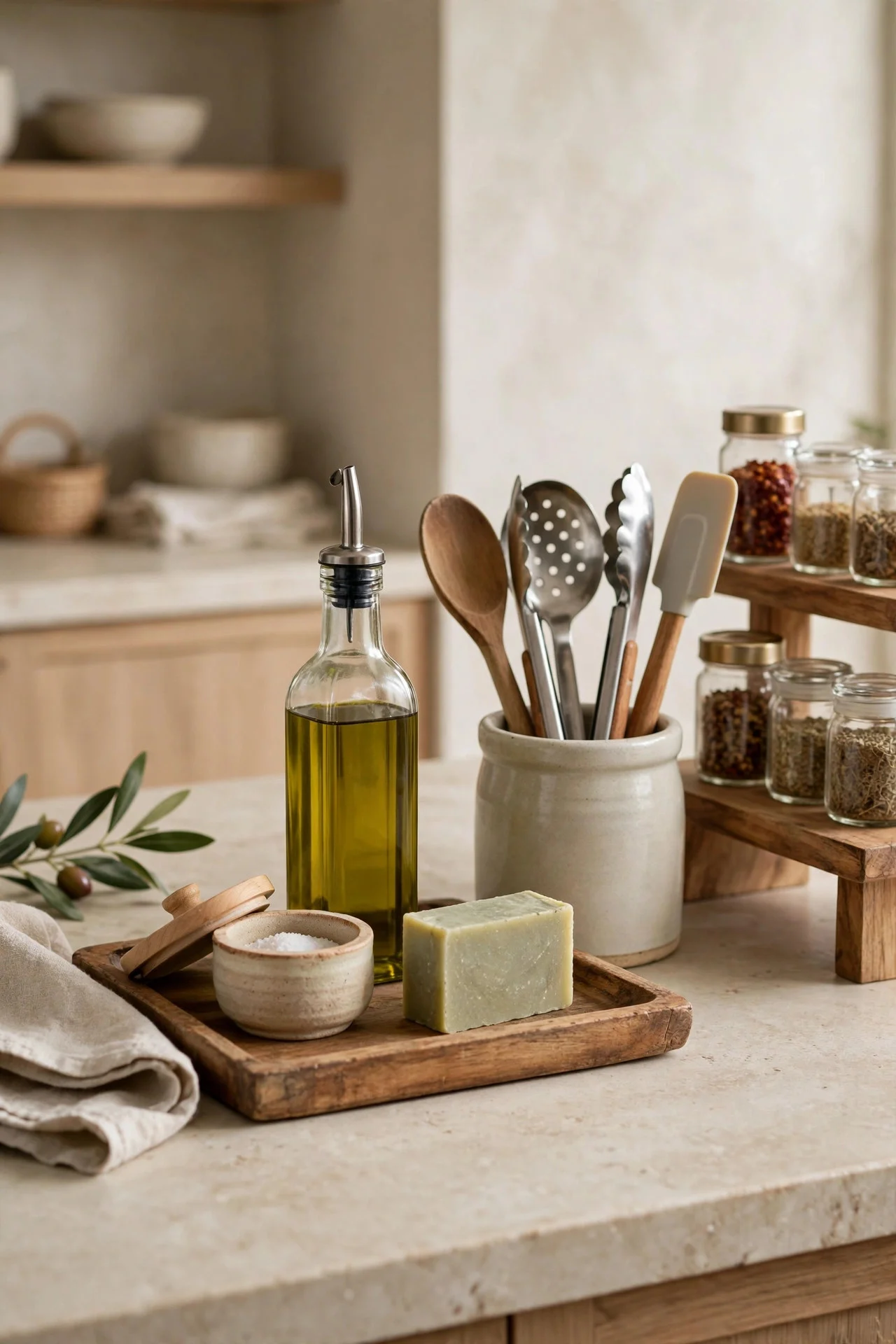 Kitchen counter clutter corralled onto trays