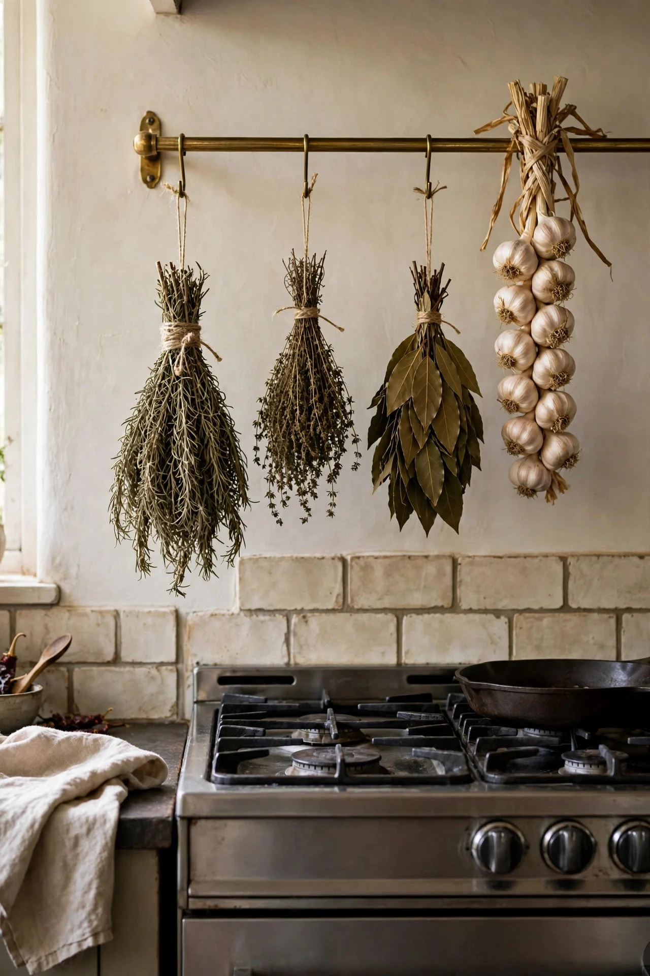 Dried herb bundles and garlic braid hanging near the stove