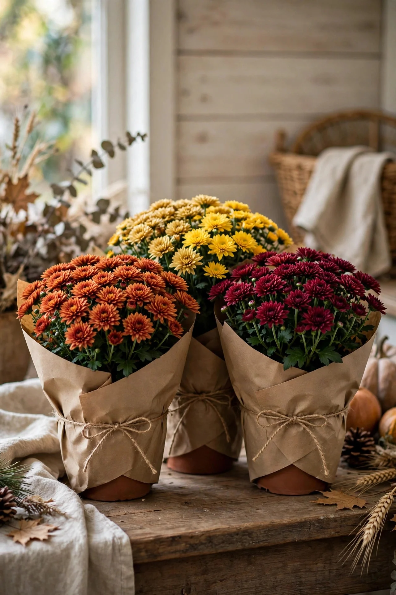 Grocery store mums wrapped in kraft paper as Friendsgiving decor