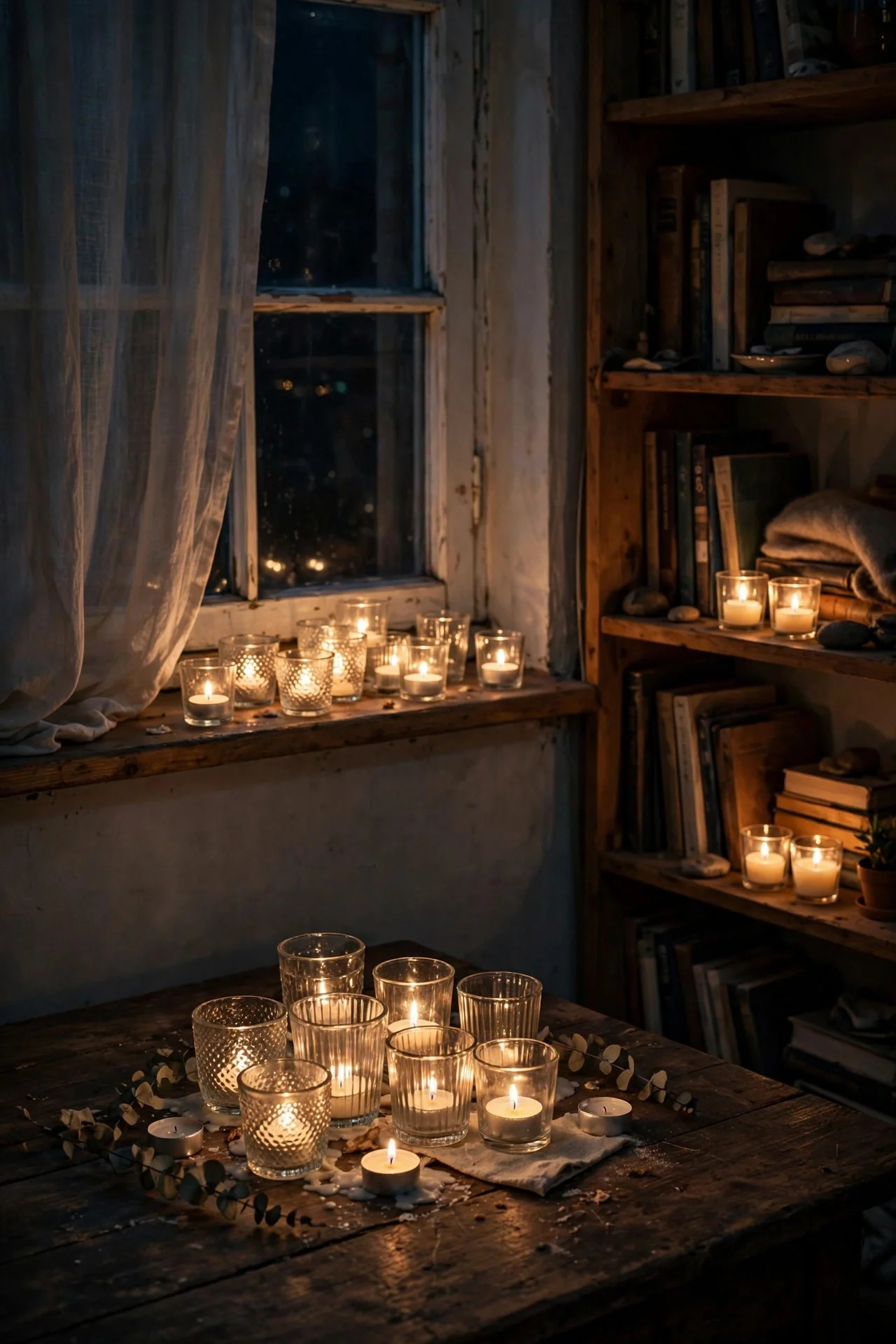 Dollar-store candle clusters glowing around an apartment