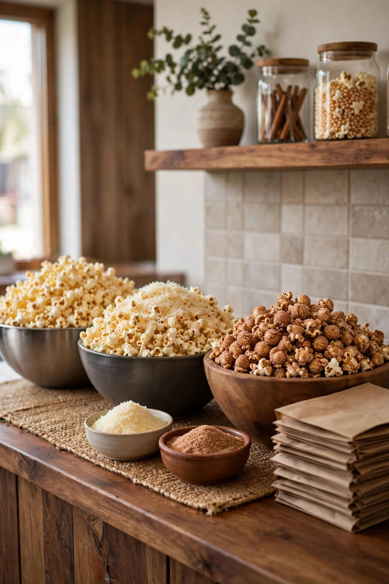 DIY popcorn bar with toppings and paper bags