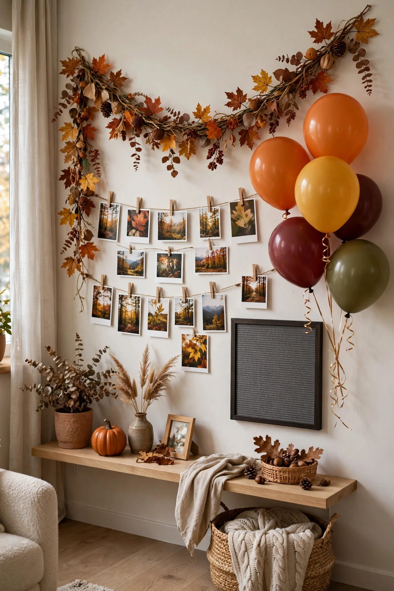 DIY Friendsgiving photo wall with leaf garland and balloons
