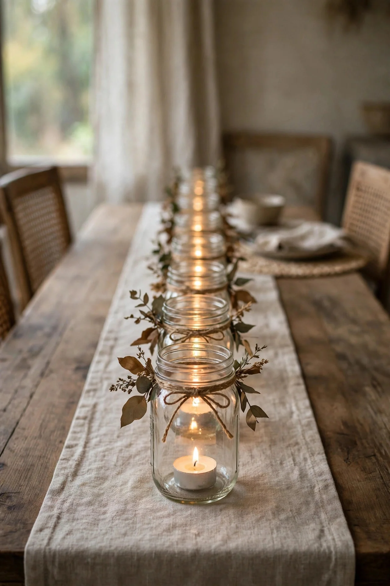 Mason jar candles with twine lined down a table
