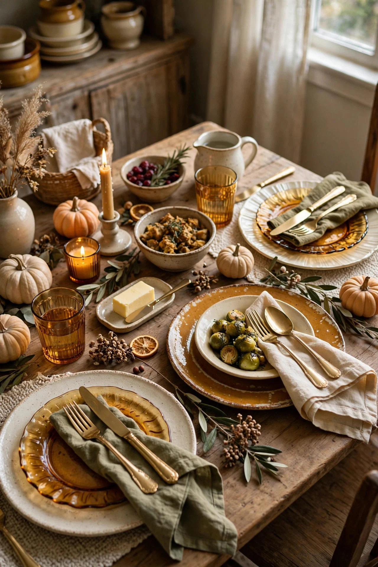 Thrifted mismatched plates in coordinating tones on a table