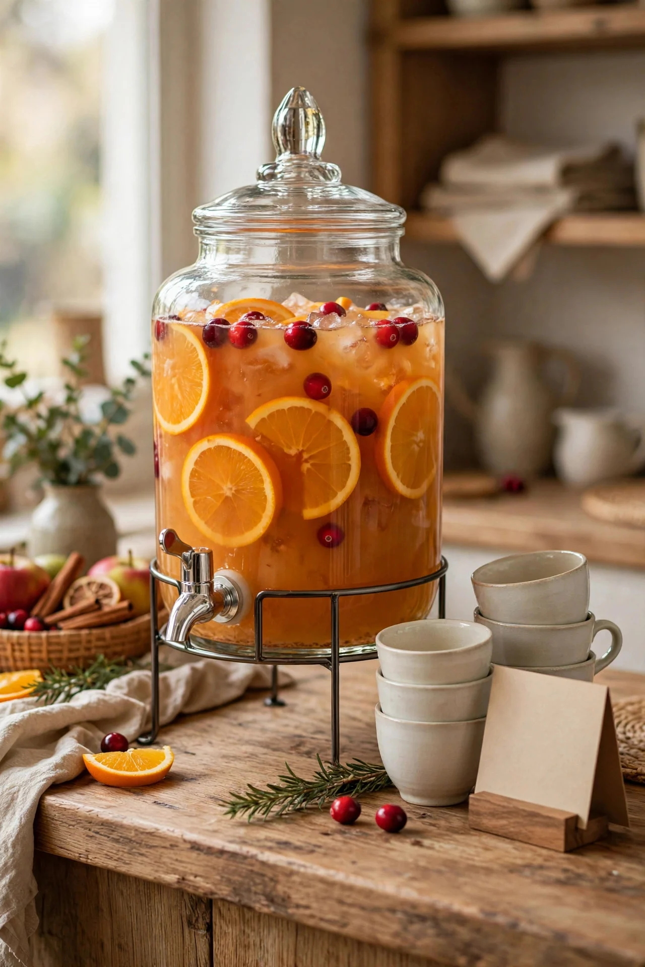 Batch cider sangria dispenser at a Friendsgiving drink station