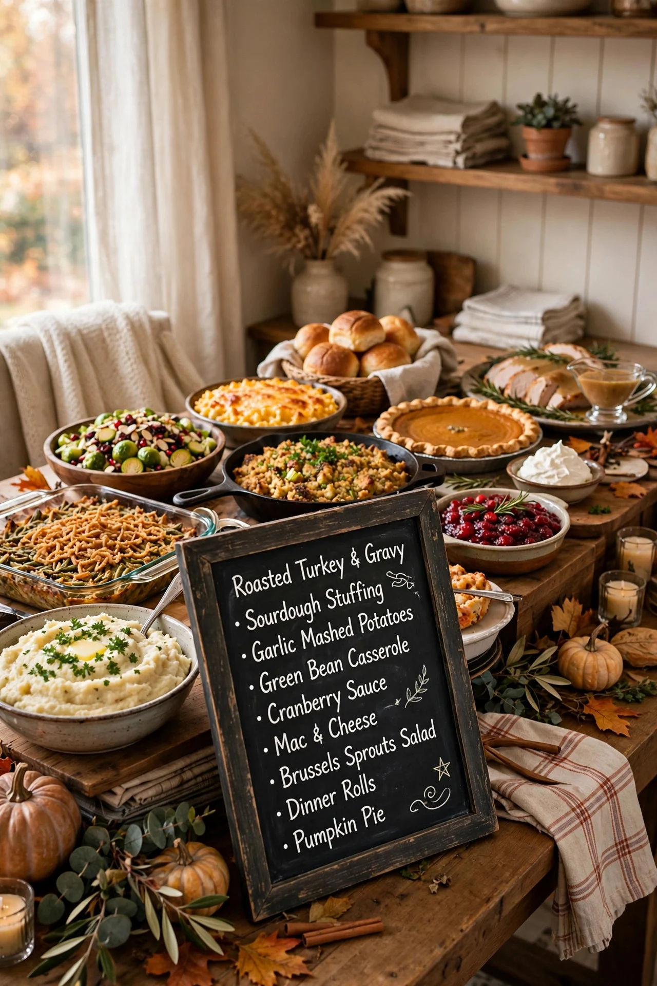 Chalkboard menu board listing potluck dishes
