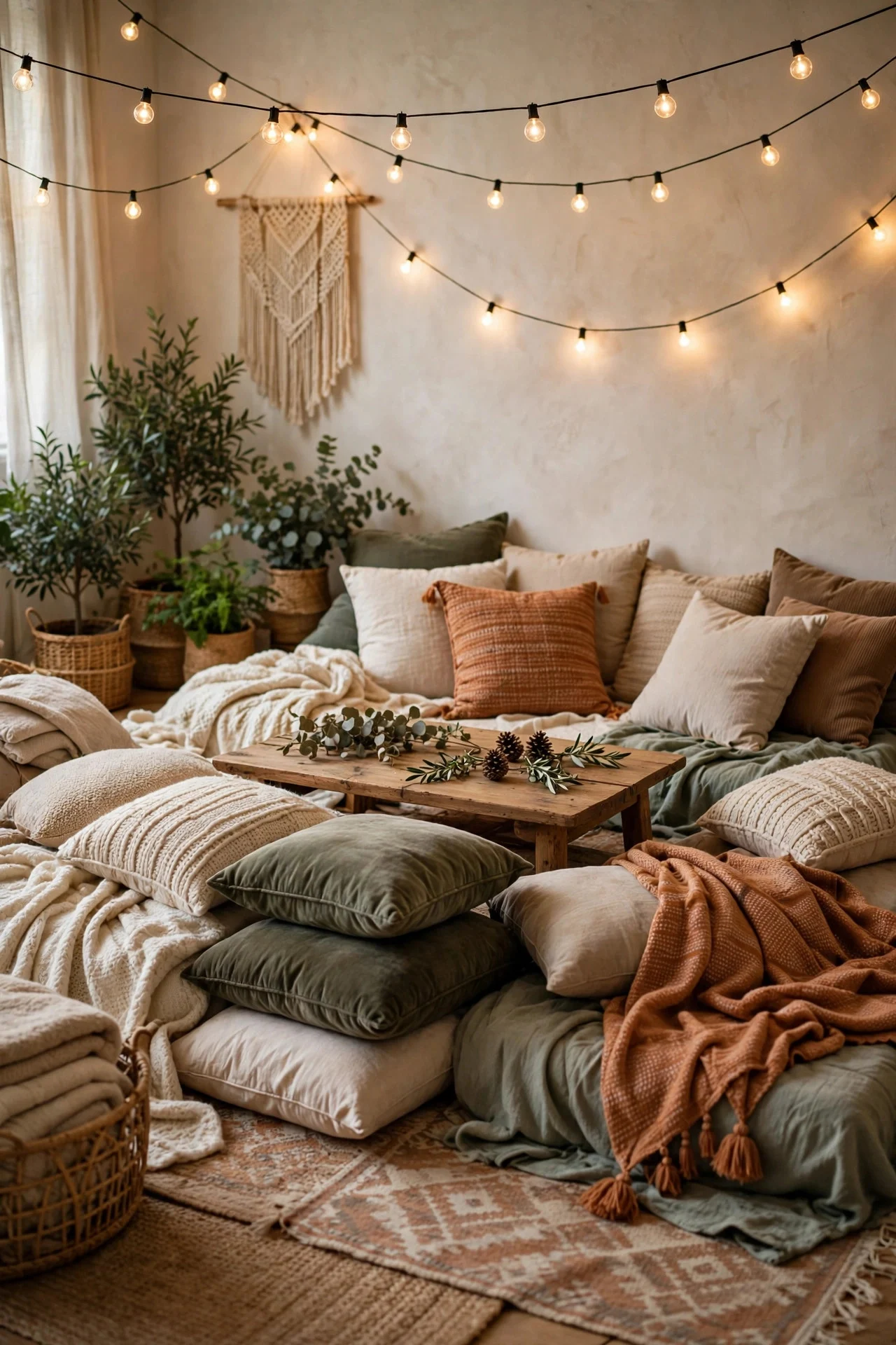 Floor seating lounge with blankets, pillows, and string lights