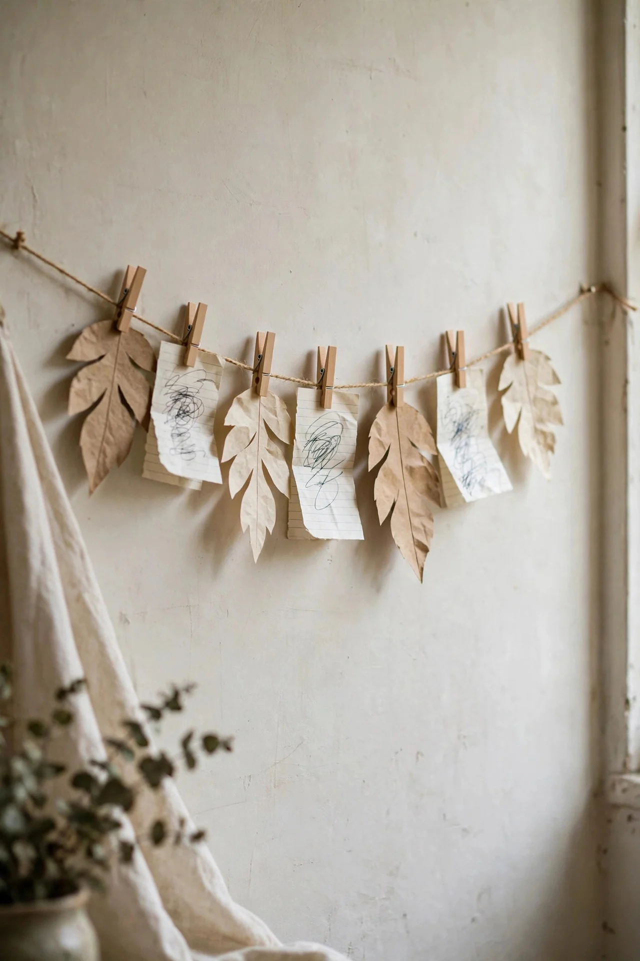 Gratitude garland of paper leaves clipped to twine