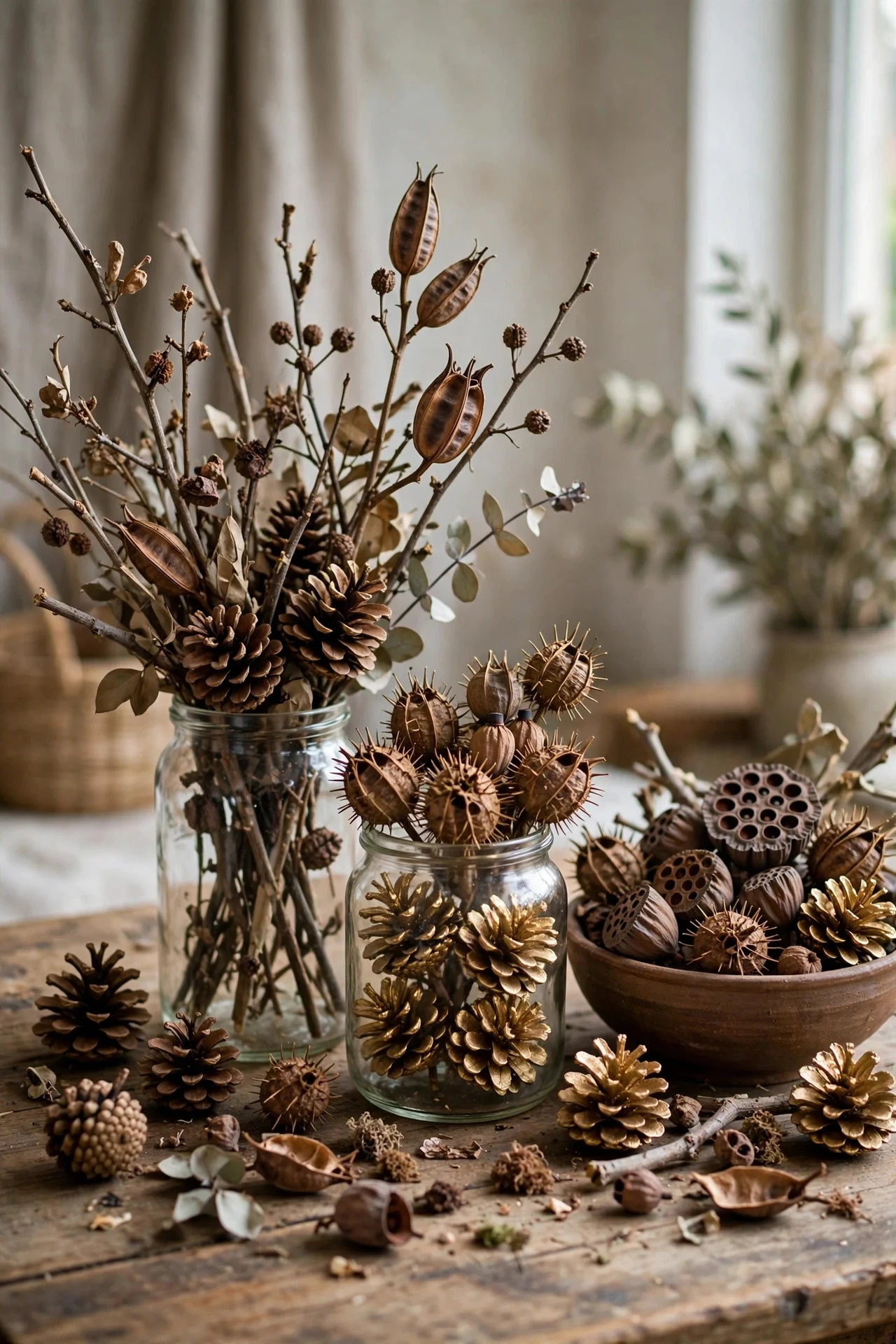 Foraged branches and pinecones arranged as free centerpieces