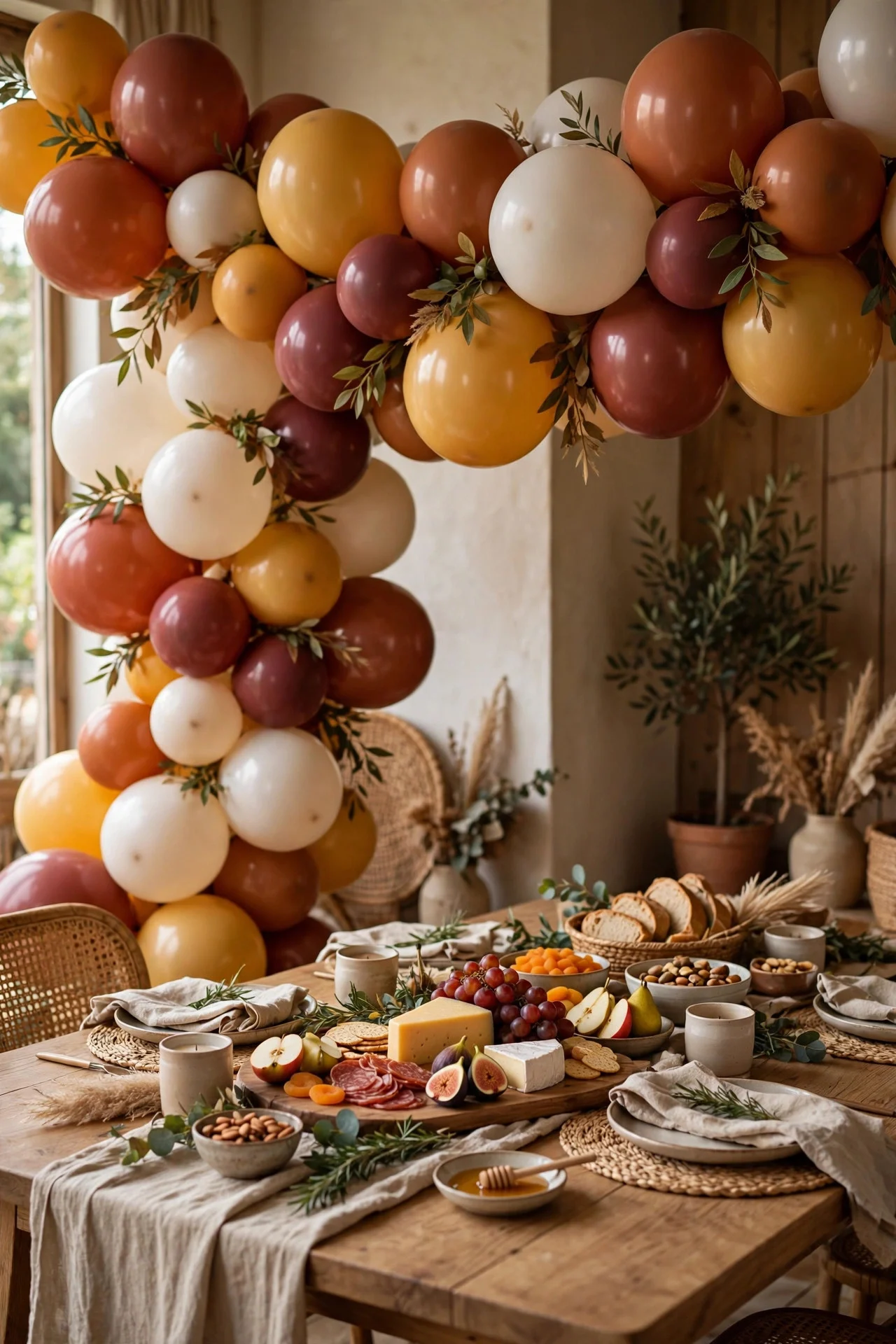 Fall-color balloon garland over a Friendsgiving food table