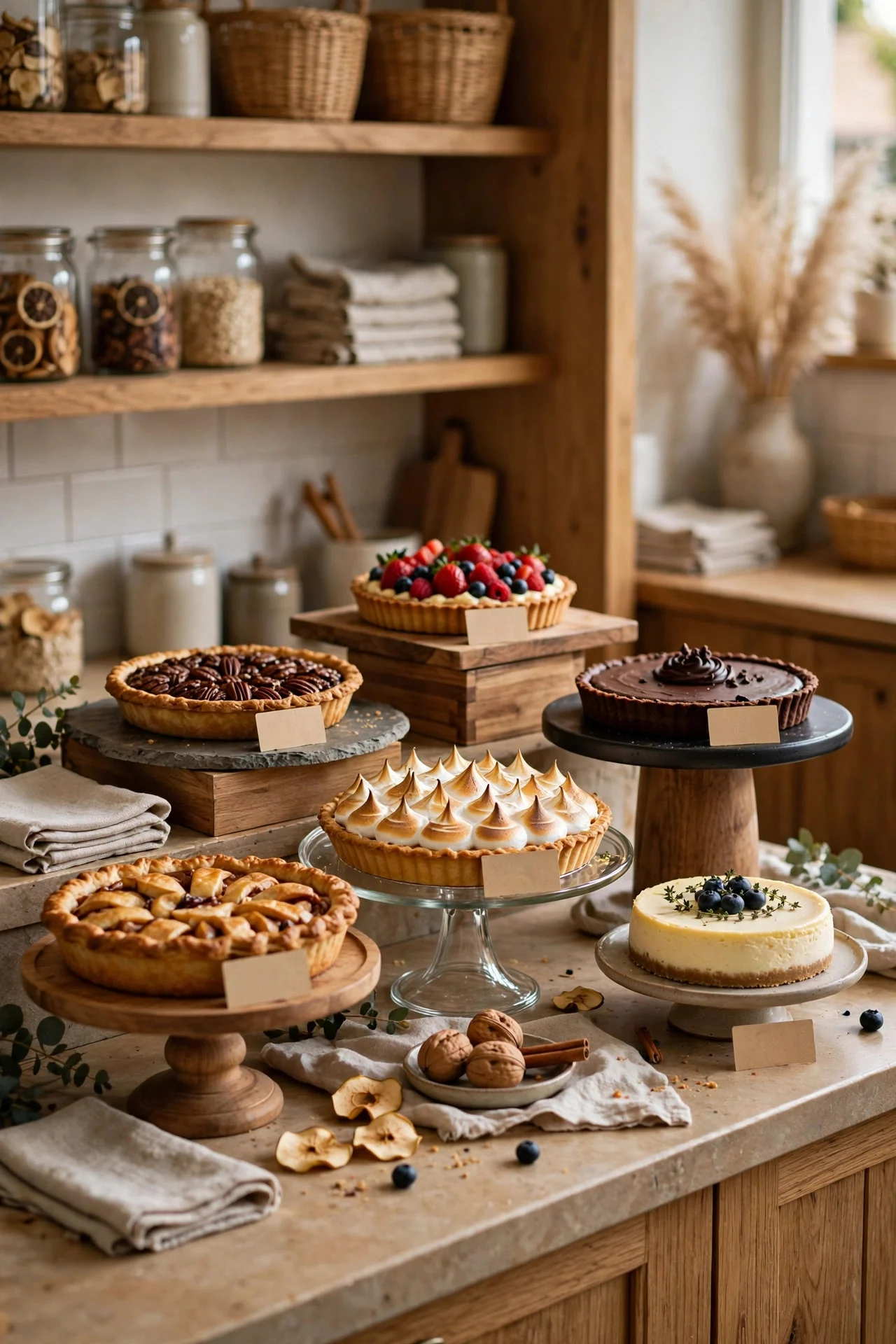 Potluck dessert bar with pies displayed at different heights