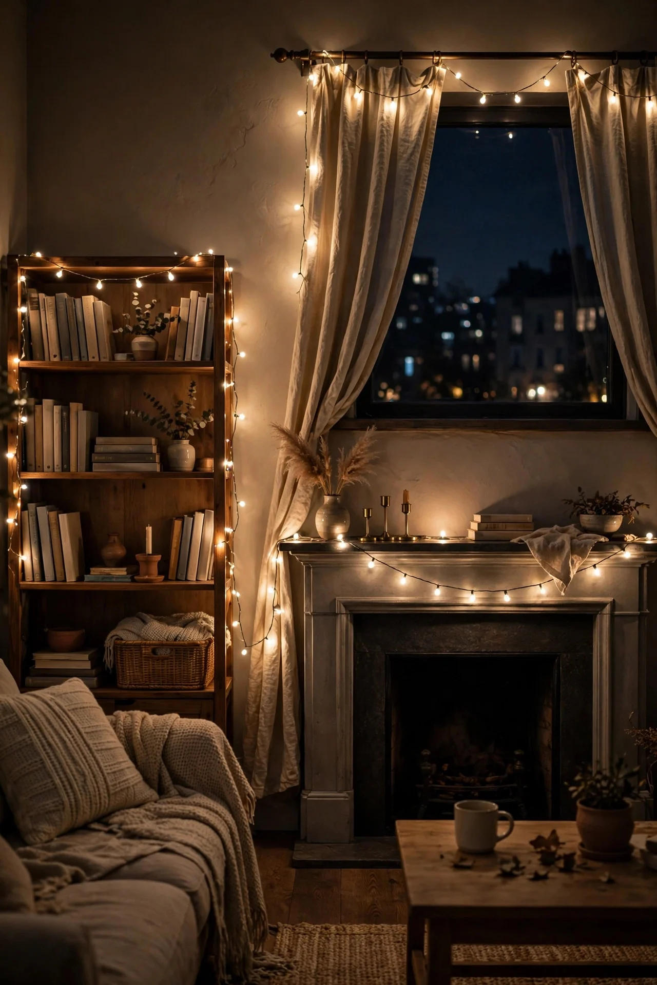 Warm white string lights draped around an apartment