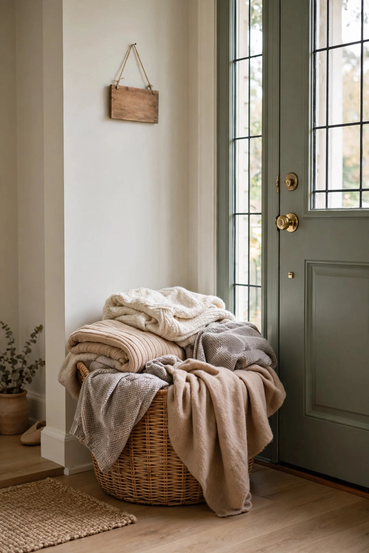 Basket of blankets by the front door for guests