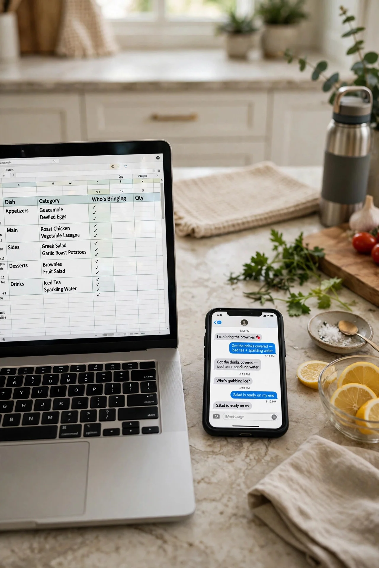 Shared potluck planning spreadsheet on a laptop