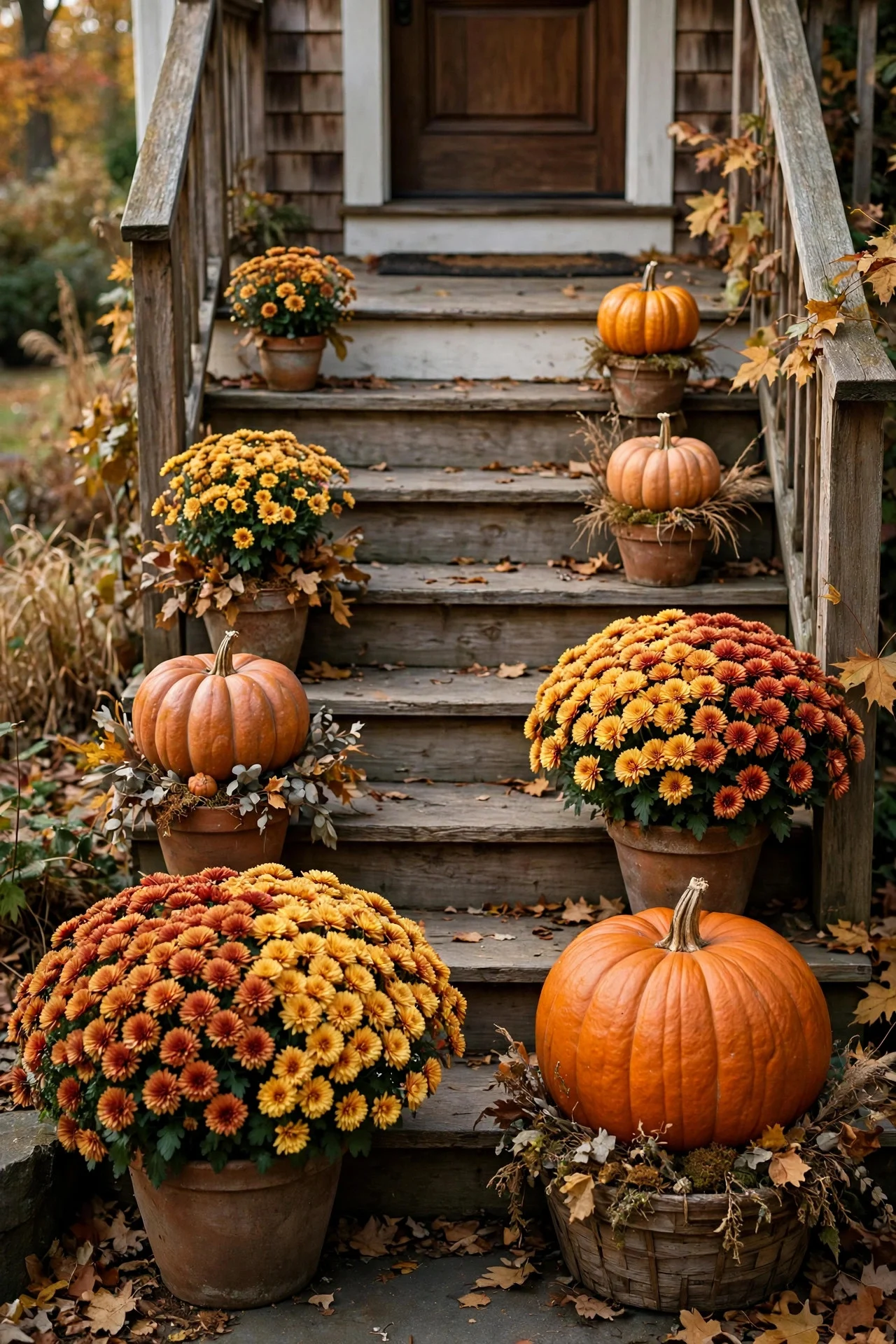 Mums and pumpkins alternating up porch steps