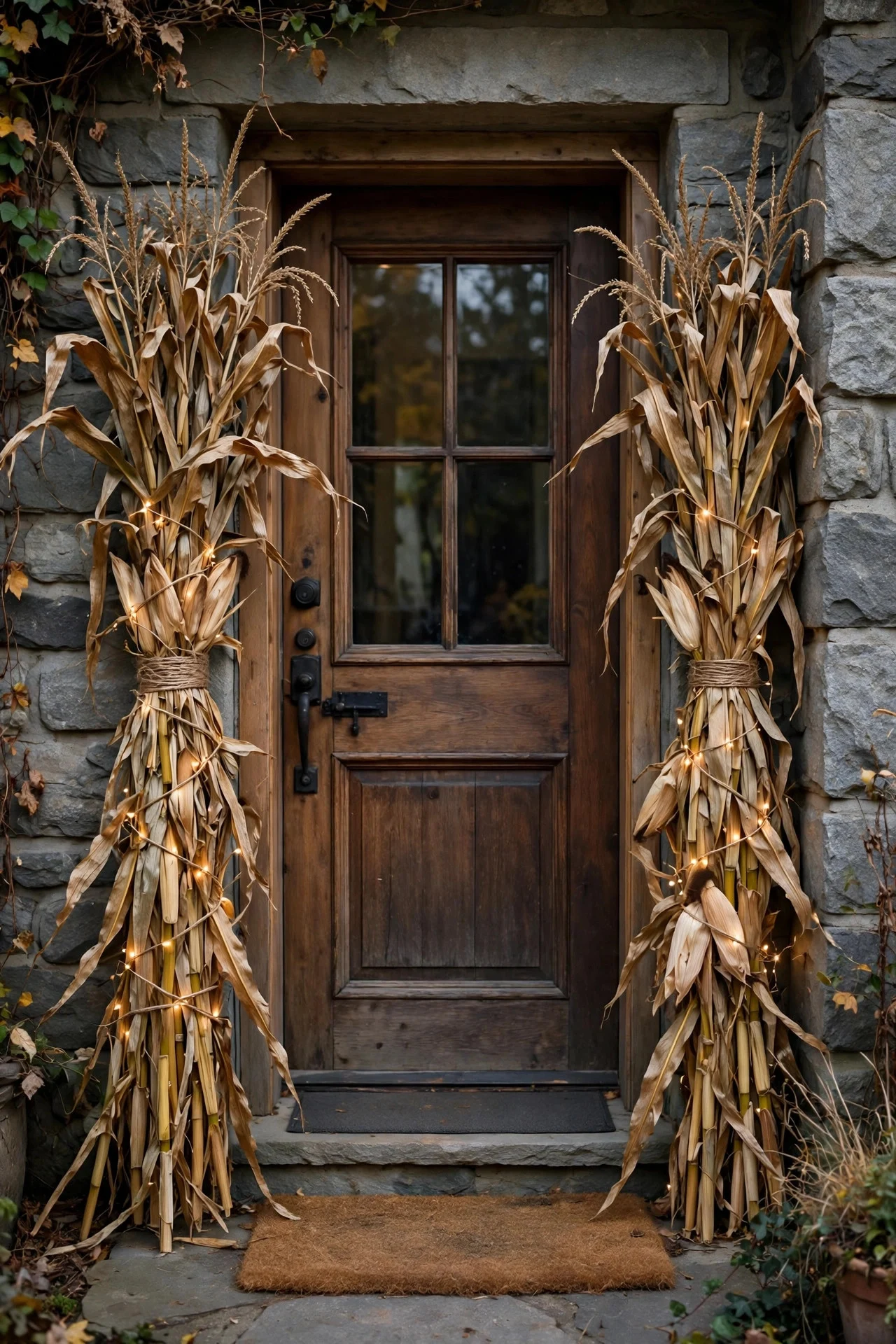 Dried corn stalk bundles tied to a front door frame