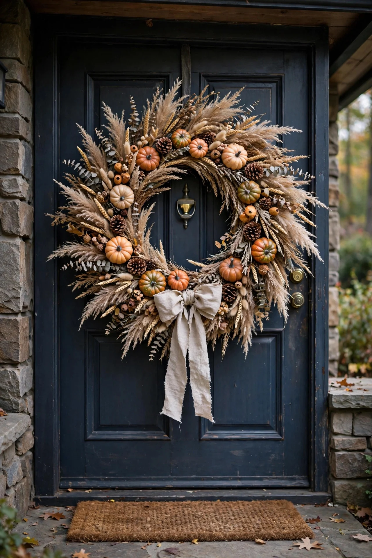 Large fall wreath with linen bow on a front door