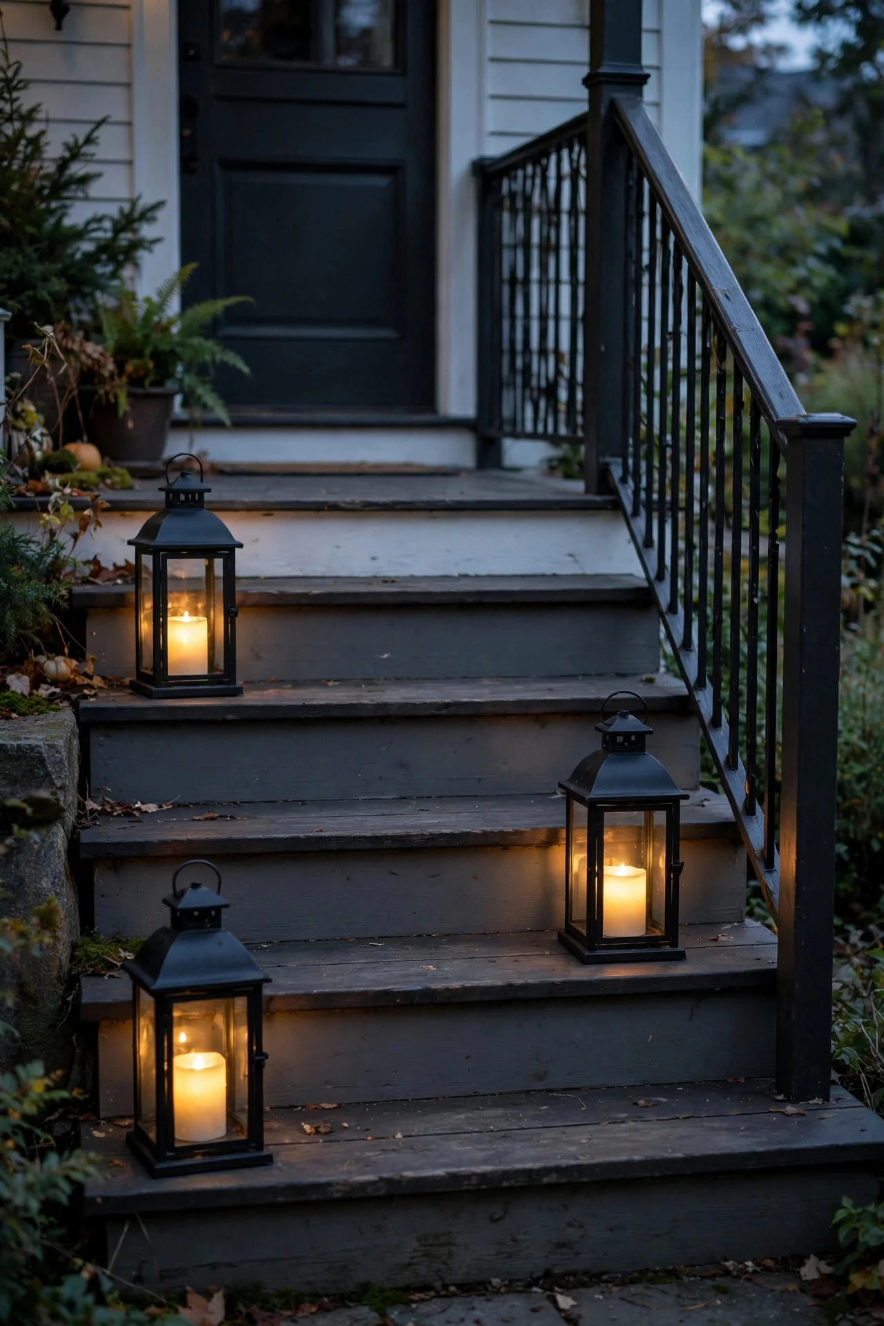 Lanterns with candles on alternating porch steps at dusk