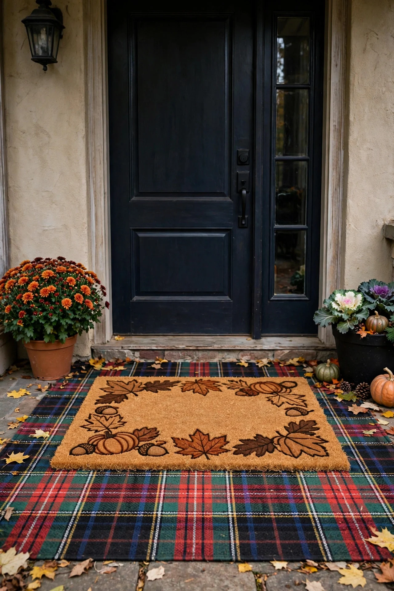 Layered doormat over a plaid outdoor rug