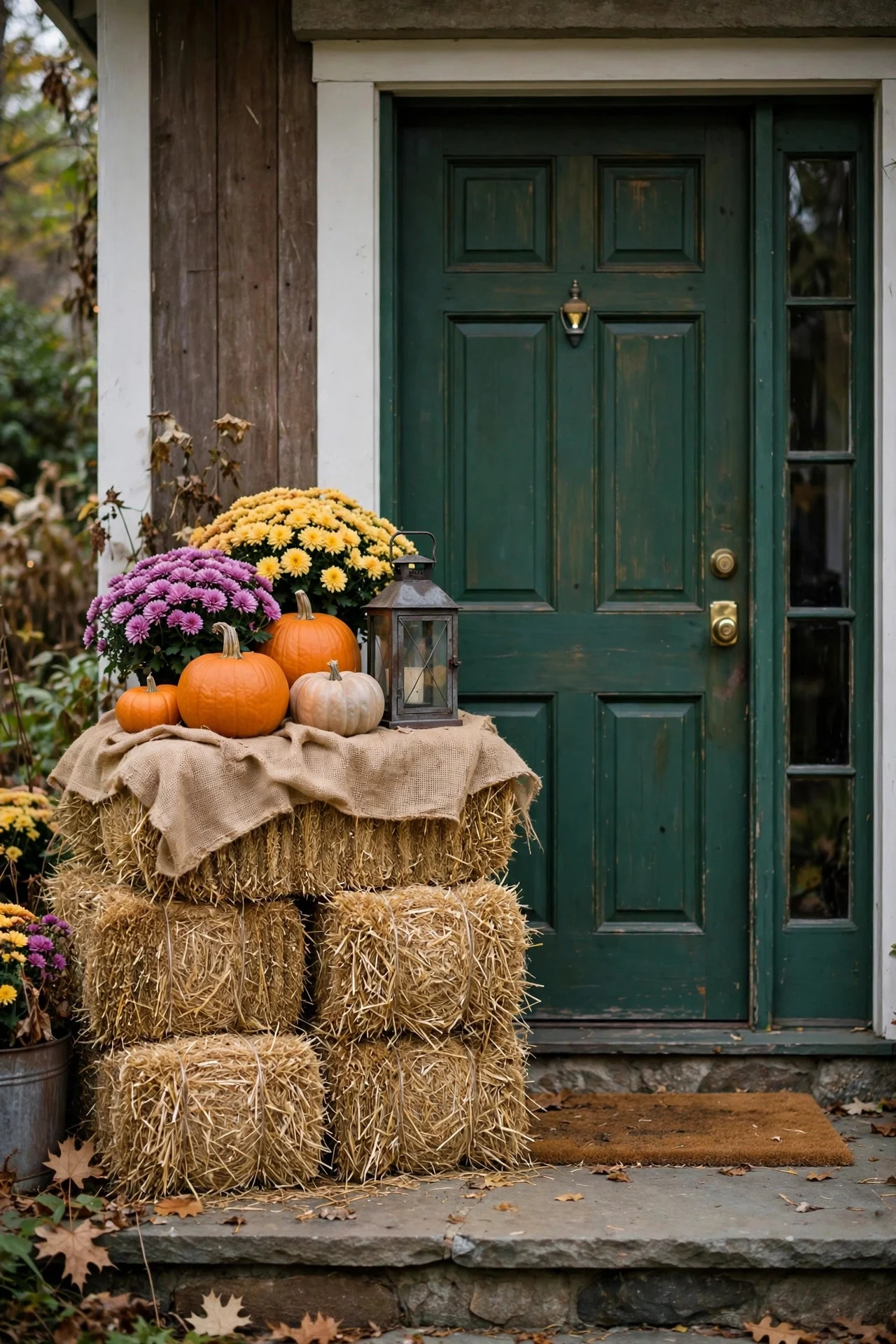 Hay bale display with pumpkins and mums by the front door