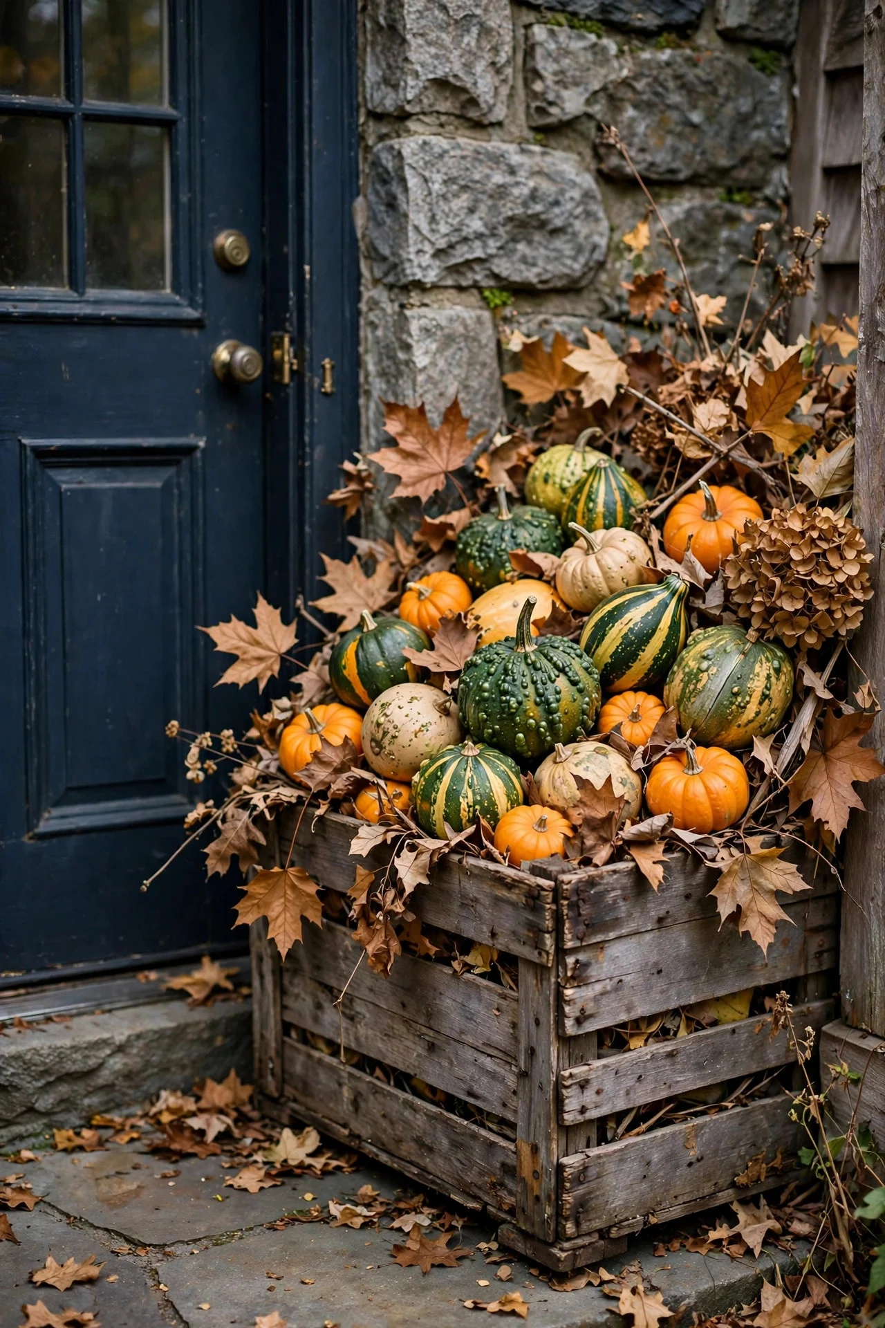 Wooden crate overflowing with gourds and mini pumpkins