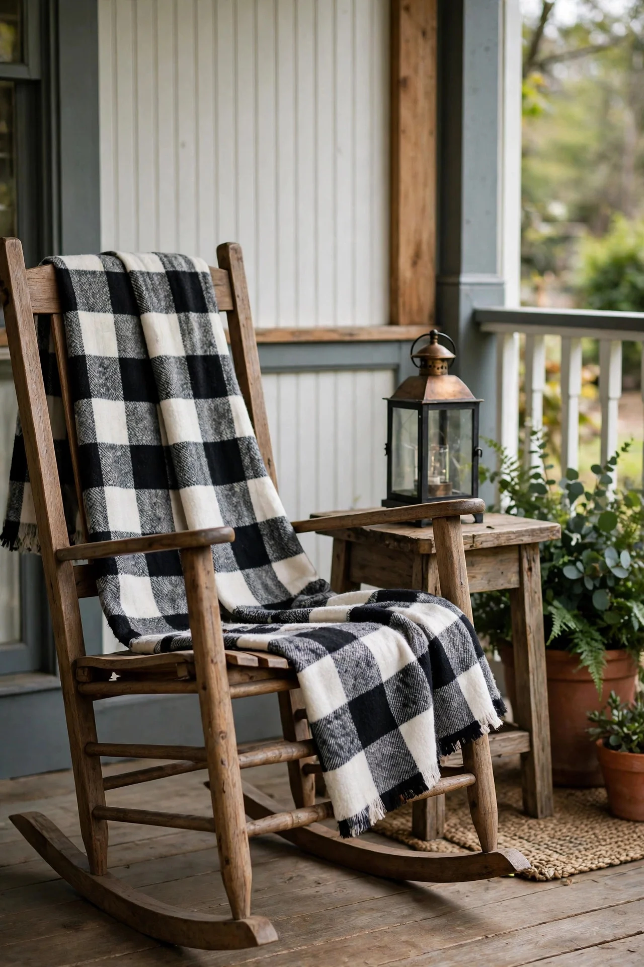 Porch rocker with plaid throw and lantern
