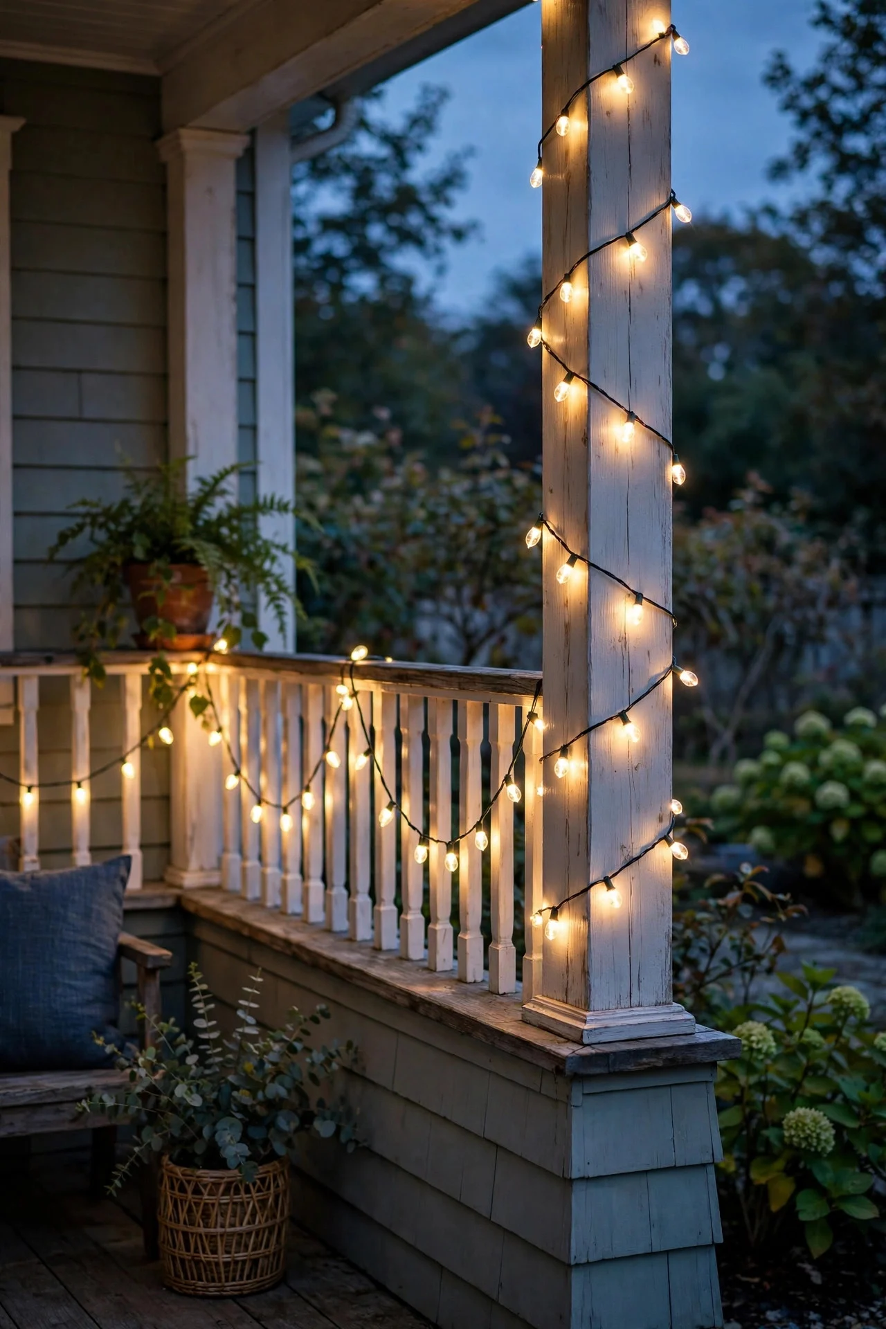 Solar string lights along a porch rail at dusk