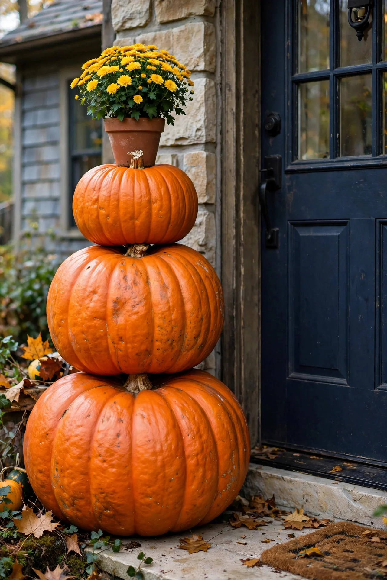 Stacked pumpkin topiary beside a front door