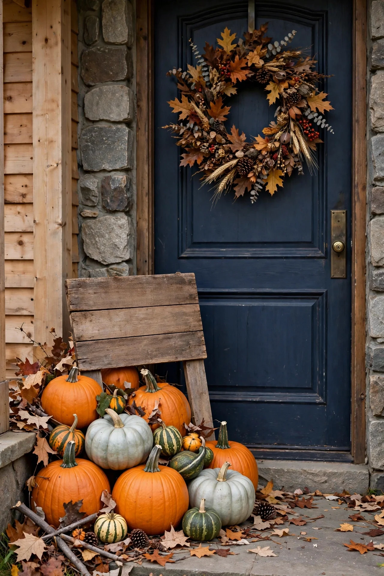 Wooden gather sign leaned against pumpkins by the front door