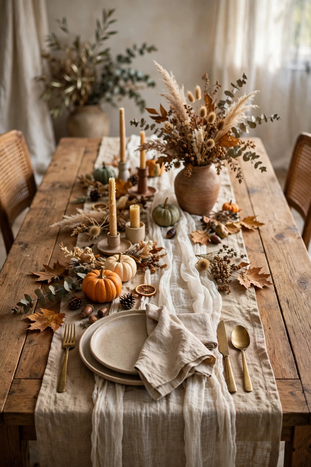 Textured linen runner layered with gauze on a dining table