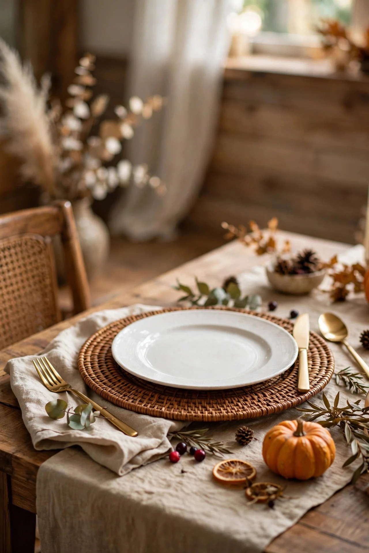 Woven charger layered under a dinner plate